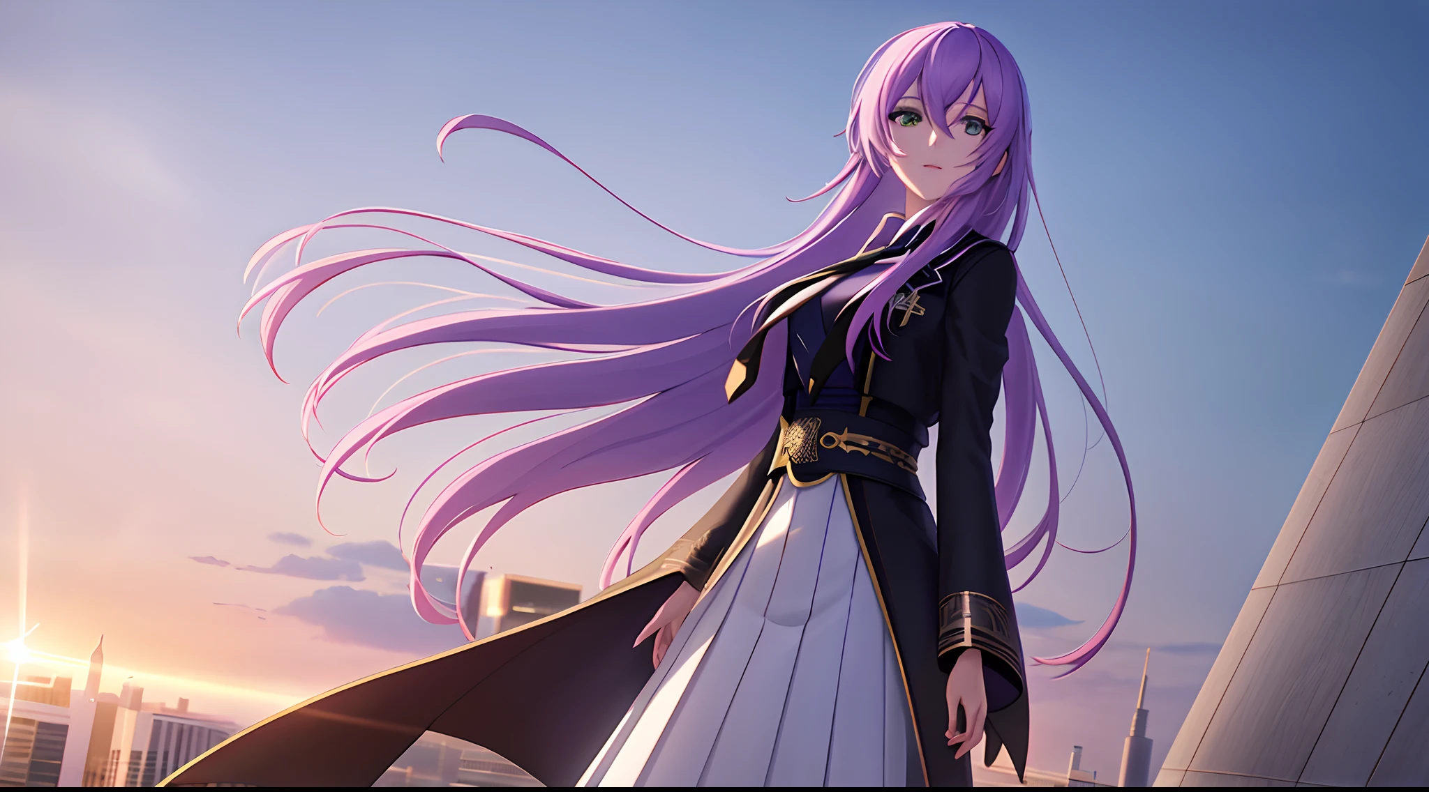Athena with plain long light purple hair,hair between eyes,green eyes,rosy cheeks,full lips,thin eyebrows,slender body,wearing black coat necktie and full long skirt,cute anime girl,full body,futuristic city rooftop in background,anime style,Lumen Reflections,Screen Space Reflections,Diffraction Grading,Chromatic Aberration,GB Displacement,Scan Lines,Ray Traced,Anti-Aliasing,FXAA,TXAA,RTX,SSAO,Shaders,OpenGL-Shaders, GLSL-Shaders,Post Processing,Post-Production,cell Shading,Tone Mapping,CGI,VFX,SFX,insanely detailed and intricate, 4K,standing, solo, masterpiece, best quality, detailed face, detailed eyes, highres, standing, solo,masterpiece, best quality