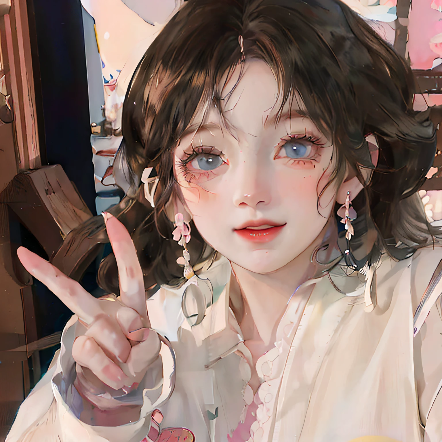 (ultra-detailed, photorealistic),(4k, highres, best quality:1.2), cute realistic portrait of an anime girl with brown hair and blue eyes, peace sign, Ghibli-style artwork, digital anime illustration, Ghibli, beautiful anime portrait, soft anime illustration, cute and detailed digital artwork, lovely anime girl portrait, anime-style portrait, detailed digital anime art, Ghibli-inspired piece, intricate portrait of an anime girl in a Pixiv Art station, detailed portrait of an anime girl with brown hair and blue eyes