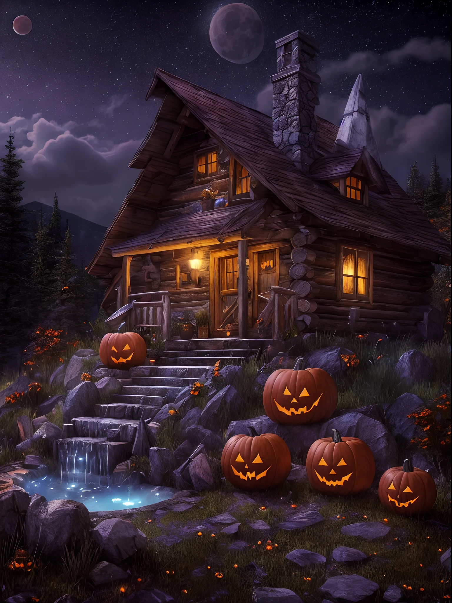 Best quality, masterpiece collection, Mountain cabin, Halloween night, witch enjoying Halloween event, blood moon, cabin on mountain, horror night view, terrifying enjoying moments of  witch, small water fountain at mountain cabin, ultra detailed art, super detailed, semi-realistic detailed, 24K Ultra high definition resolution, glowing and shining lit effects, rendered by octane