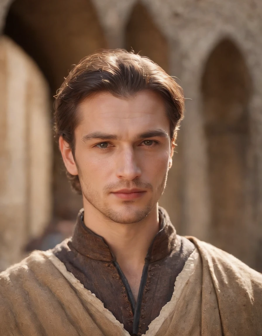 Cinematic portrait, upper body, face, facing the audience, (Reality :1.3), one of the most beautiful artworks in the world, a man looks into the camera, medieval costumes, (old clothes damaged and weathered :1.4), detailed beautiful face, action shooting, ancient city background, realistic photos, CG, Art Station