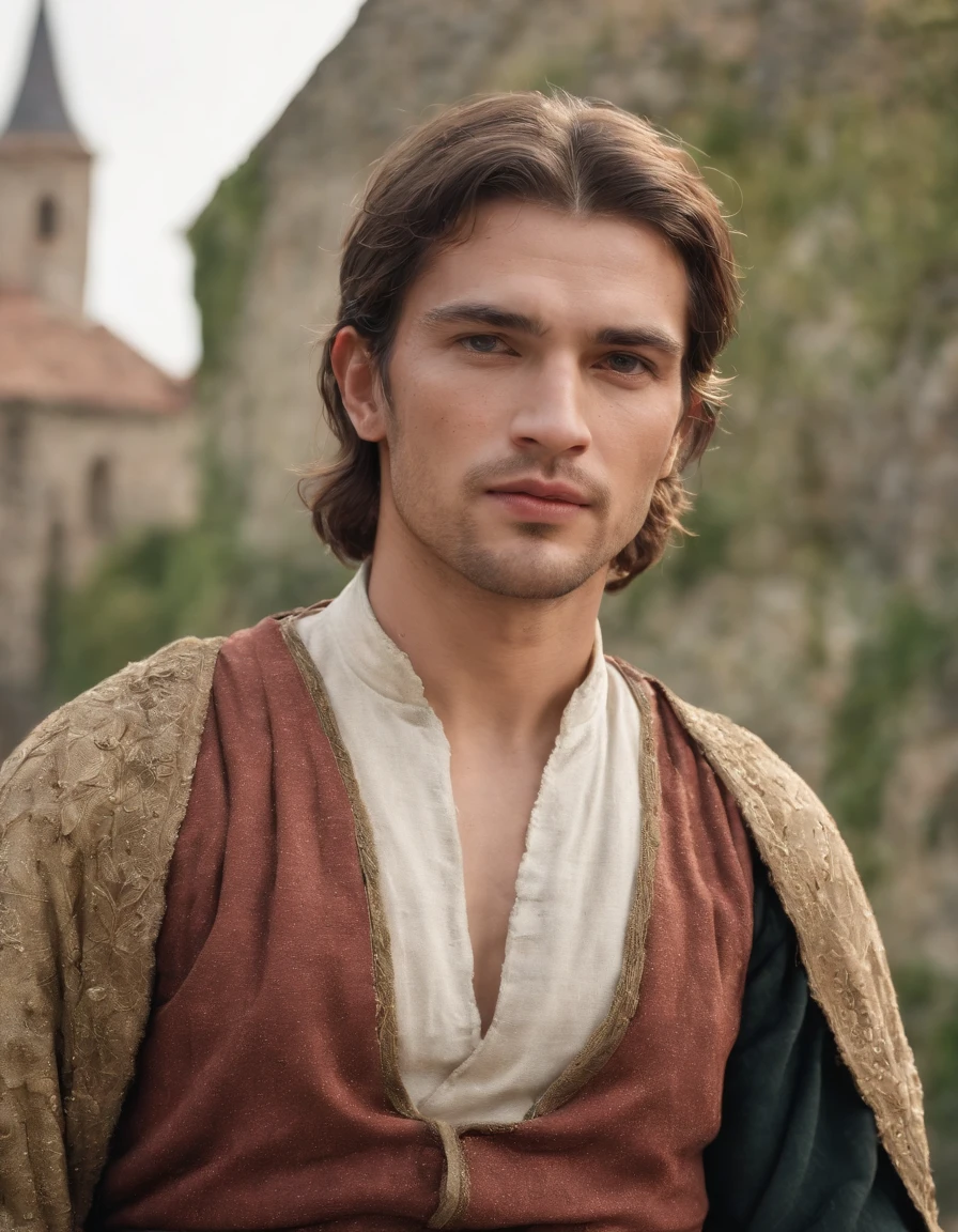 Cinematic portrait, upper body, face, facing the audience, (Reality :1.3), one of the most beautiful artworks in the world, a man looks into the camera, medieval costumes, (old clothes damaged and weathered :1.4), detailed beautiful face, action shooting, ancient city background, realistic photos, CG, Art Station