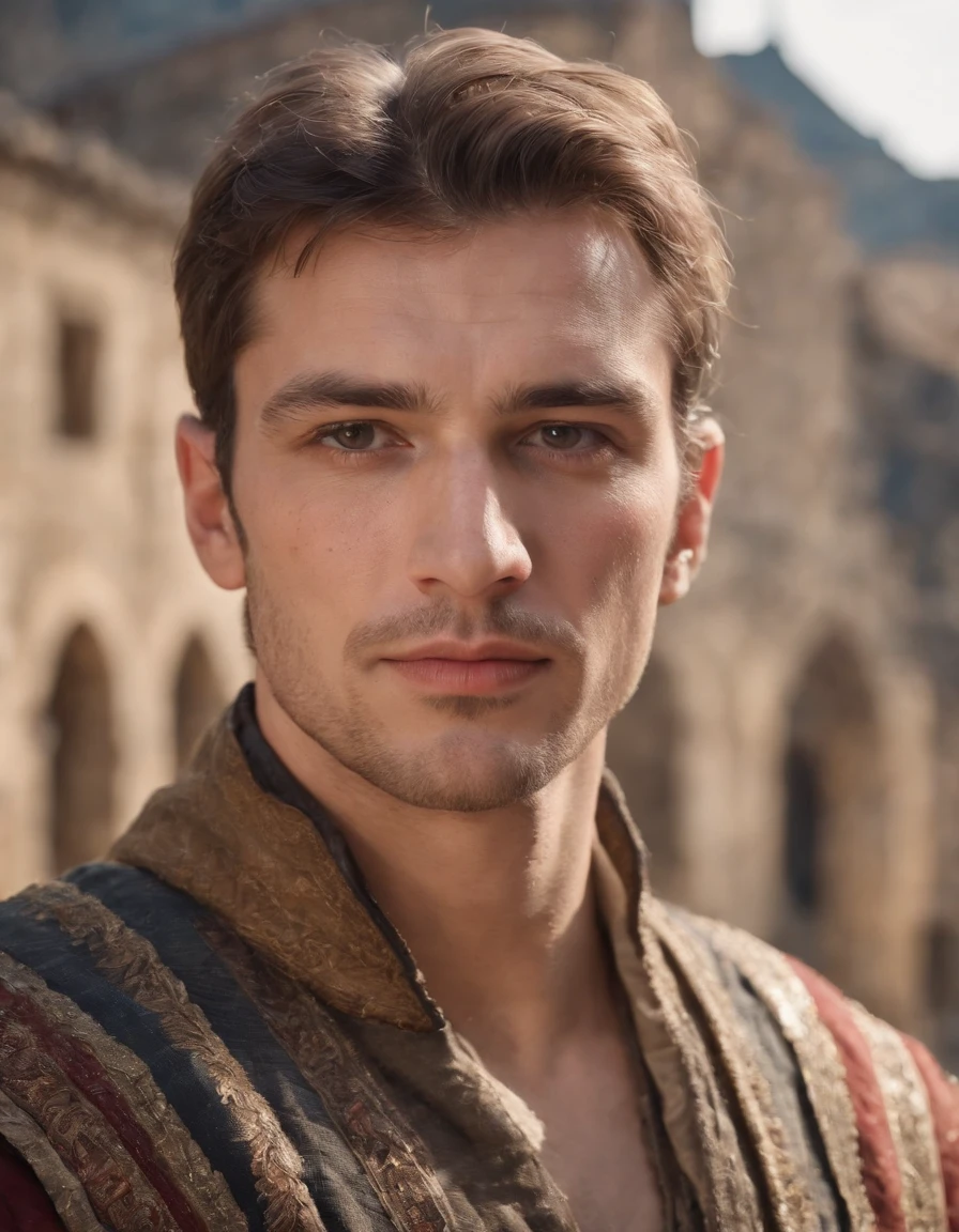 Cinematic portrait, upper body, face, facing the audience, (Reality :1.3), one of the most beautiful artworks in the world, a man looks into the camera, medieval costumes, (old clothes damaged and weathered :1.4), detailed beautiful face, action shooting, ancient city background, realistic photos, CG, Art Station