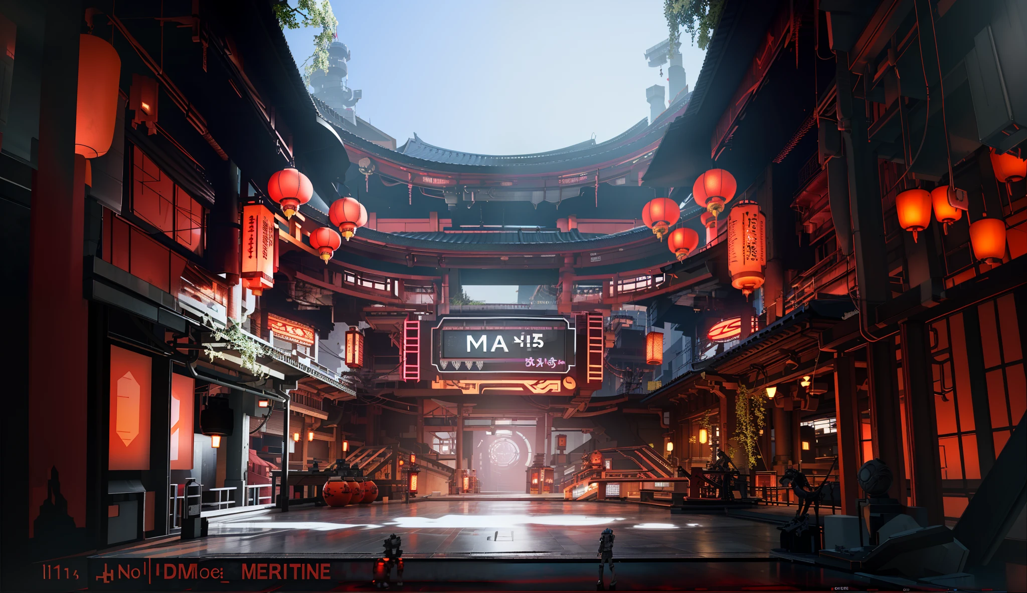 There is a big building，There are a lot of red lanterns hanging inside, cyberpunk japanese temple, rendered in unreal 5, ancient cyberpunk 8k resolution, cinematic unreal 5, Cyberpunk temple, unreal engine 5 digital art, made in unreal engine 5, unreal 6 breathtaking detailed, render in unreal engine 5, exterior of scifi temple, unreal 5 render, unreal 5 engine render