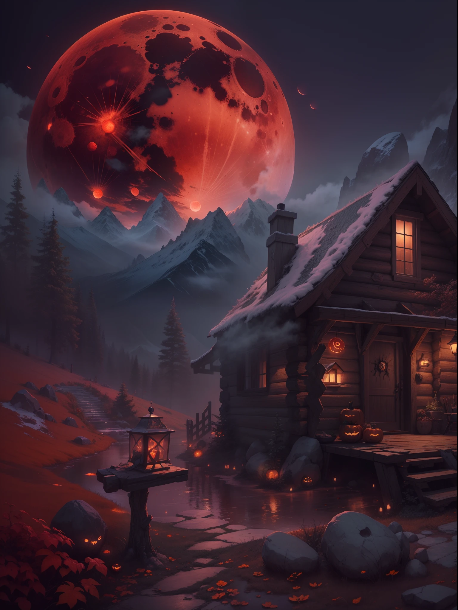 Best quality, masterpiece collection, Mountain cabin, witch enjoying Halloween event, blood moon, cabin on mountain, thick fog, mist on mountain, small water fountain, ultra detailed art, super detailed, 24K Ultra high definition resolution, glowing and shining lit effects, rendered by Nvidia RTX