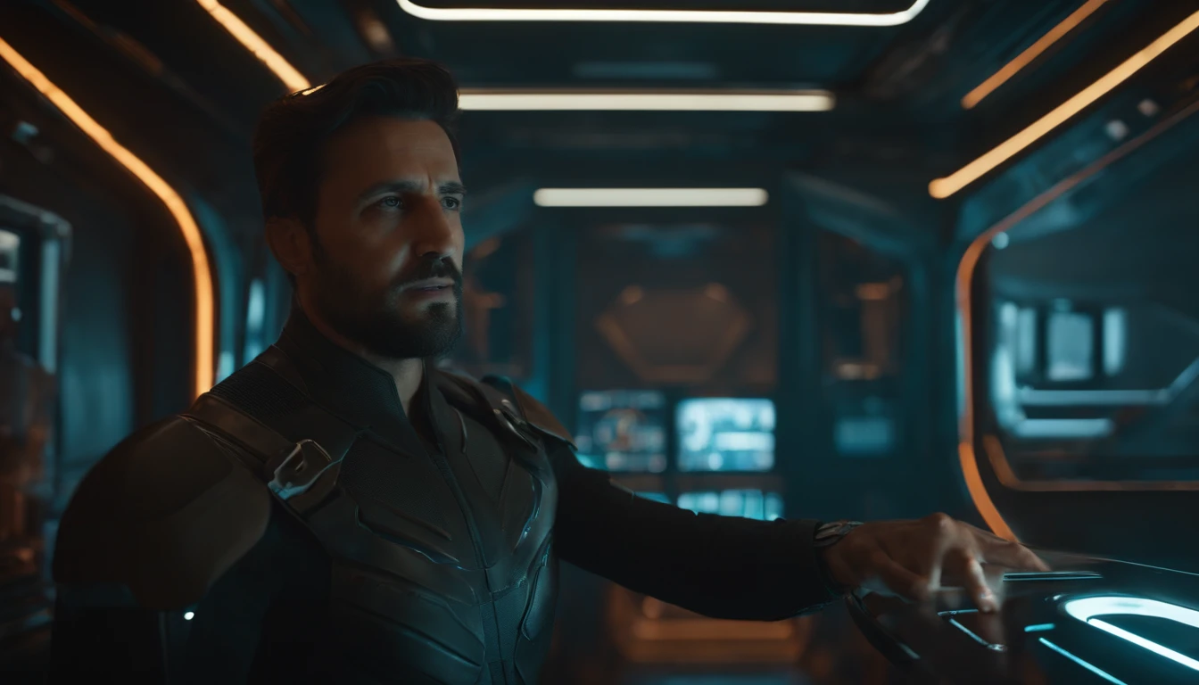 The surprised look of a man, Pointing with a finger, inside the spaceship, everyday wear, perfect details, 16 k, unreal engine 5, ultra sharp focus, intrikate, SINISTER, Epic Art Masterpiece, TanvirTamim, artstation trend, highly detaild,