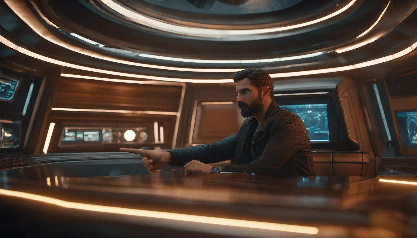 The surprised look of a man, Pointing with a finger, inside the spaceship, everyday wear, perfect details, 16 k, unreal engine 5, ultra sharp focus, intrikate, SINISTER, Epic Art Masterpiece, TanvirTamim, artstation trend, highly detaild,