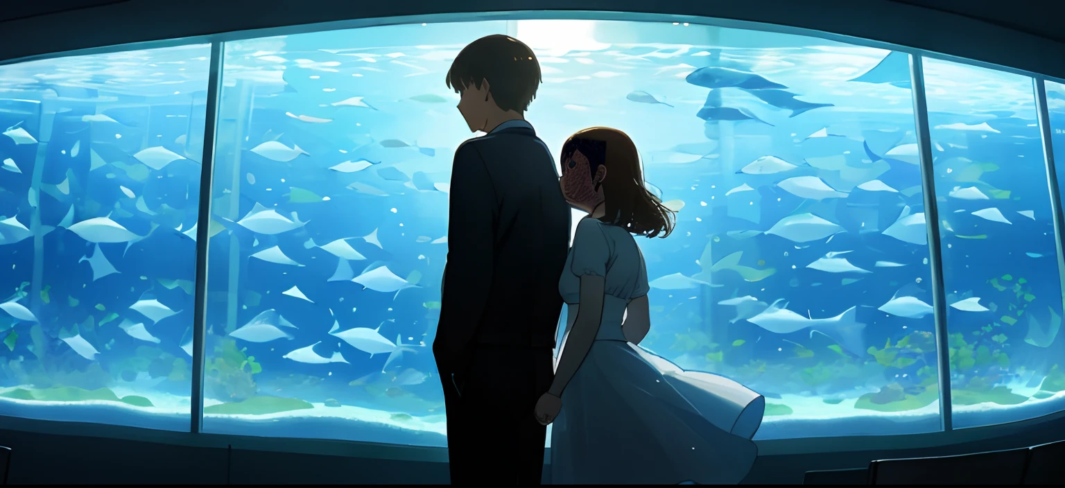 Man and woman holding hands in aquarium、Rear view