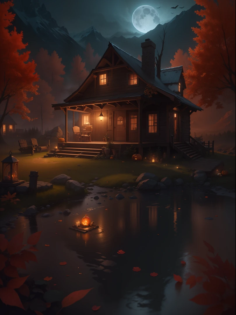 Best quality, masterpiece collection, Mountain cabin, witch enjoying Halloween event, blood moon, cabin on mountain, thick fog, mist on mountain, small water fountain, ultra detailed art, super detailed, 24K Ultra high definition resolution, glowing and shining lit effects, rendered by Nvidia RTX