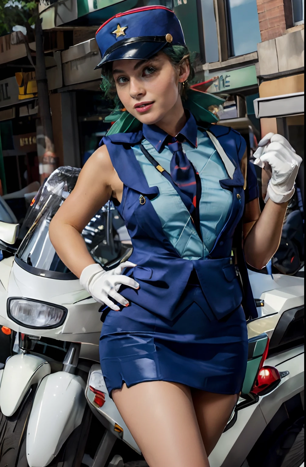 (masterpiece, best quality:1.2) officer jenny, pokemon, 1girl, solo, long hair, breasts, looking at viewer, smile, red eyes, green hair, huge breasts, green hair, white gloves, police hat, miniskirt, bag, star (symbol), uniform, blue skirt, hand on hip, blue shirt, pencil skirt, brown pantyhose, motor vehicle, ground, vehicle, police uniform, simple background, skirt suit, (((three-piece suit))), (((necktie))), blazer, (((suit jacket))), (((waistcoat))), double-breasted waistcoat, bodycon miniskirt, pencil skirt,