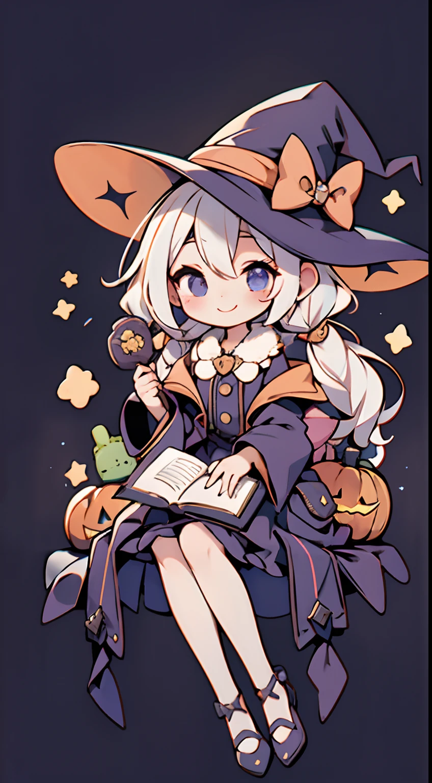 Cute Halloween Theme、full body Esbian、A smile、 The Wand and the Magic Book、Glamorous Hat、Halloween Accessories、Draw clothes buttons and pockets in a Halloween style、Cute shoes、sit a chair、bio luminescent、radiant light