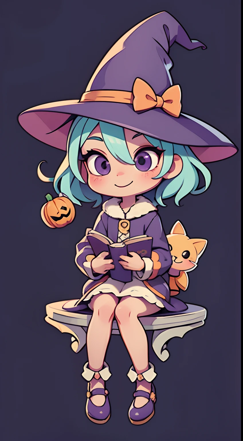 Cute Halloween Theme、full body Esbian、A smile、 The Wand and the Magic Book、Glamorous Hat、Halloween Accessories、Draw clothes buttons and pockets in a Halloween style、Cute shoes、sit a chair、bio luminescent、radiant light