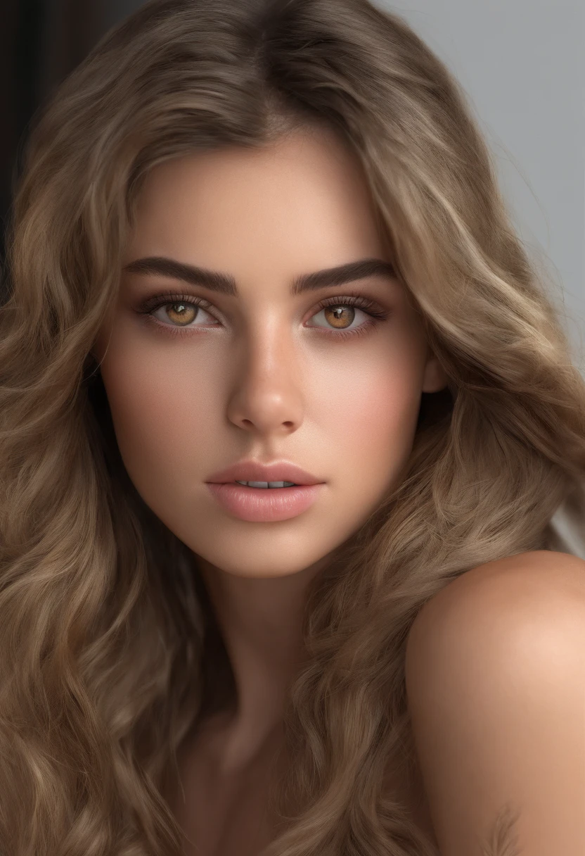 ultrarealistic European woman, sexy girl with brown eyes, portrait Realistic, dark brown blonde long hair and large eyes detail, image of a young woman, bedroom eyes, natural makeup, looking directly at the camera, face with artgram, subtle makeup, perfect body, perfect breast, perfect face detail