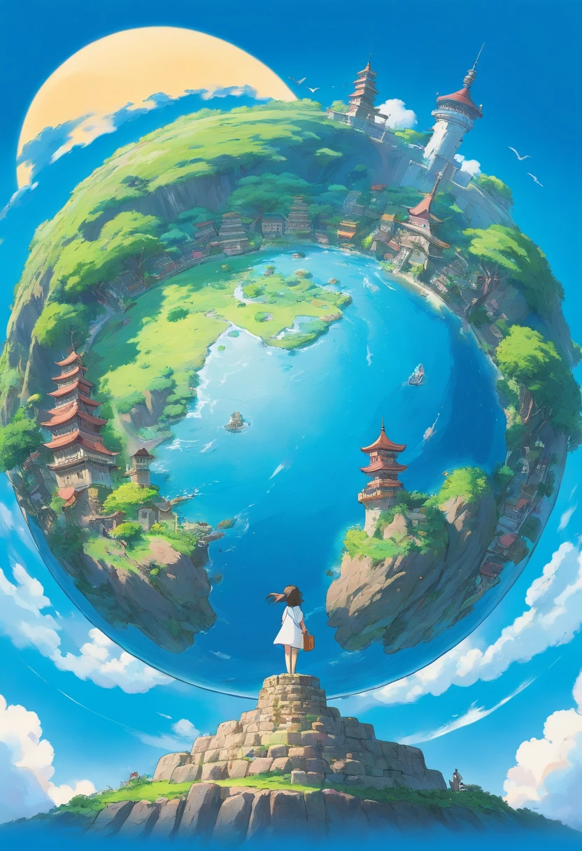 solid blue background,In the middle is a circular globe
