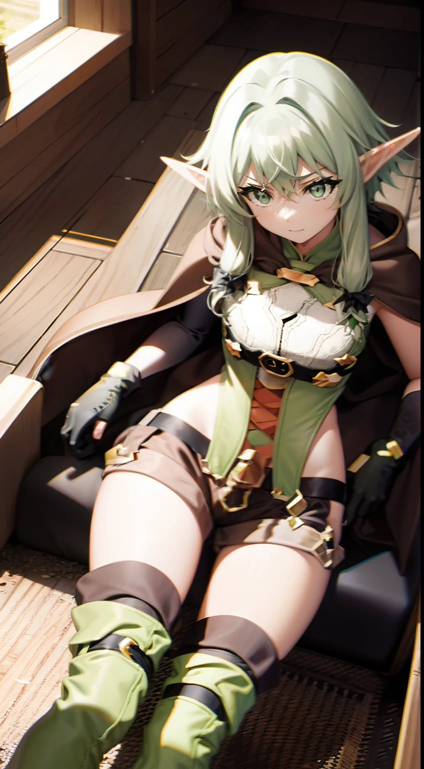 Fantasy Anime, Hayelfarherr, High Elf Archer, elf, (Green eyes:1.5), green hair, Hair between the eyes, hairlong, pointed ears, side locks, (flat chest:1.2), Asymmetrical Clothing BREAK, knee boots, cloak, elf, gloves, Green thighs, highheels, Shorts, thights, thights, BREAK looks at the viewer, CITY BREAK, BREAK (Masterpiece:1.2), Best Quality, High Resolution, Unity 8k壁纸, (illustartion:0.8), (beautiful detail eyes:1.6), extremely detailed face, perfect lighting, extremely detailed CGI, (perfect arms, perfect anatomy),