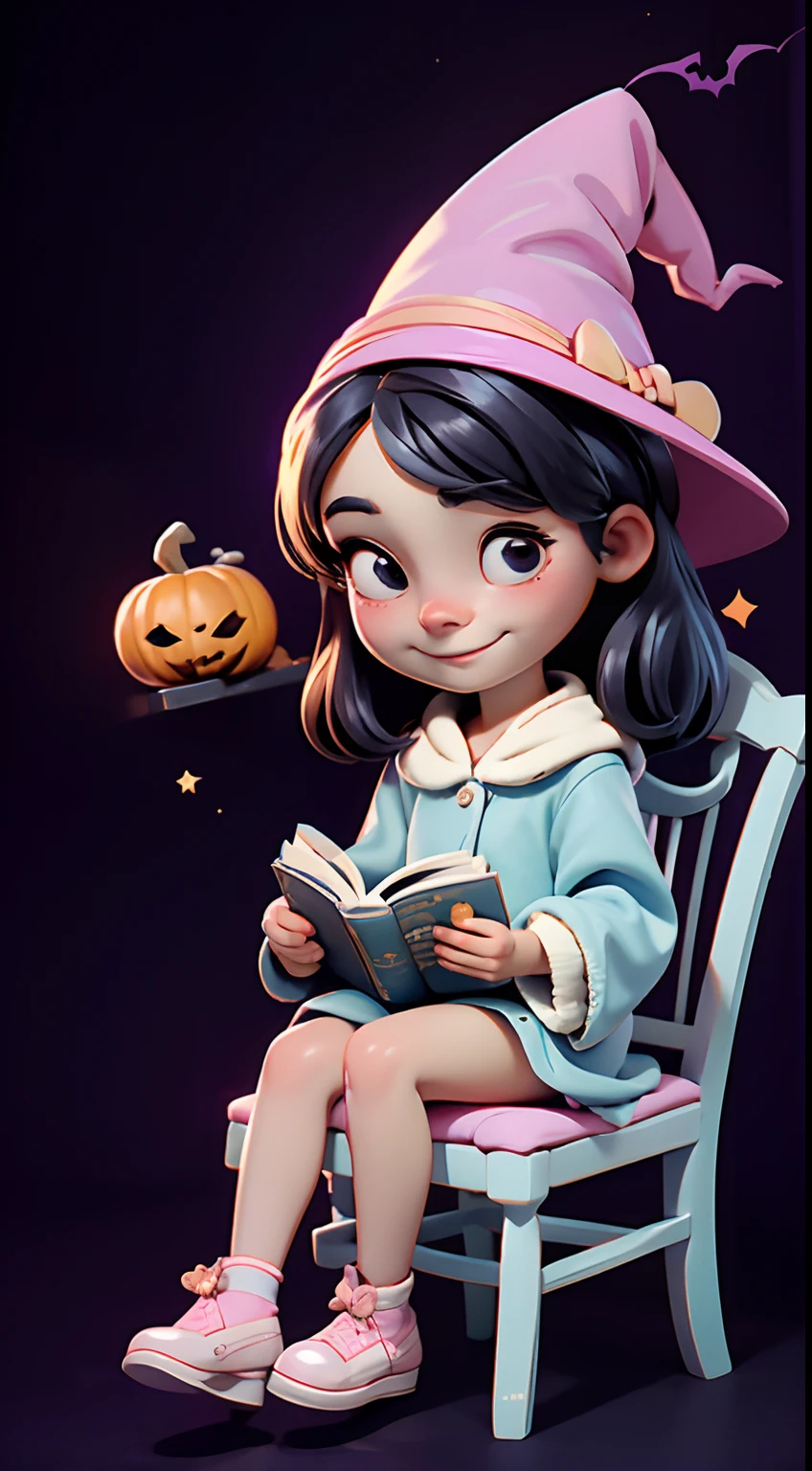 Cute Halloween Theme、Chibi、full body Esbian、A smile、 The Wand and the Magic Book、Glamorous Hat、Halloween Accessories、Draw clothes buttons and pockets in a Halloween style、Cute shoes、sit a chair、bio luminescent、radiant light