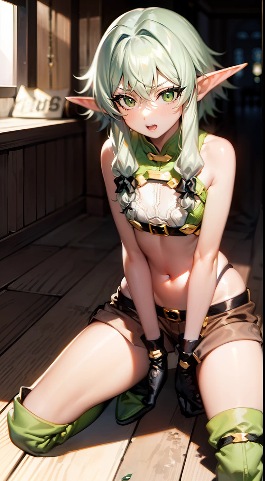 Fantasy Anime, Hayelfarherr, High Elf Archer, elf, (Green eyes:1.5), green hair, Hair between the eyes, hairlong, pointed ears, side locks, (flat chest:1.2), Asymmetrical Clothing BREAK, knee boots, cloak, elf, gloves, Green thighs, highheels, Shorts, thights, thights, BREAK looks at the viewer, CITY BREAK, BREAK (Masterpiece:1.2), Best Quality, High Resolution, Unity 8k壁纸, (illustartion:0.8), (beautiful detail eyes:1.6), extremely detailed face, perfect lighting, extremely detailed CGI, (perfect arms, perfect anatomy),