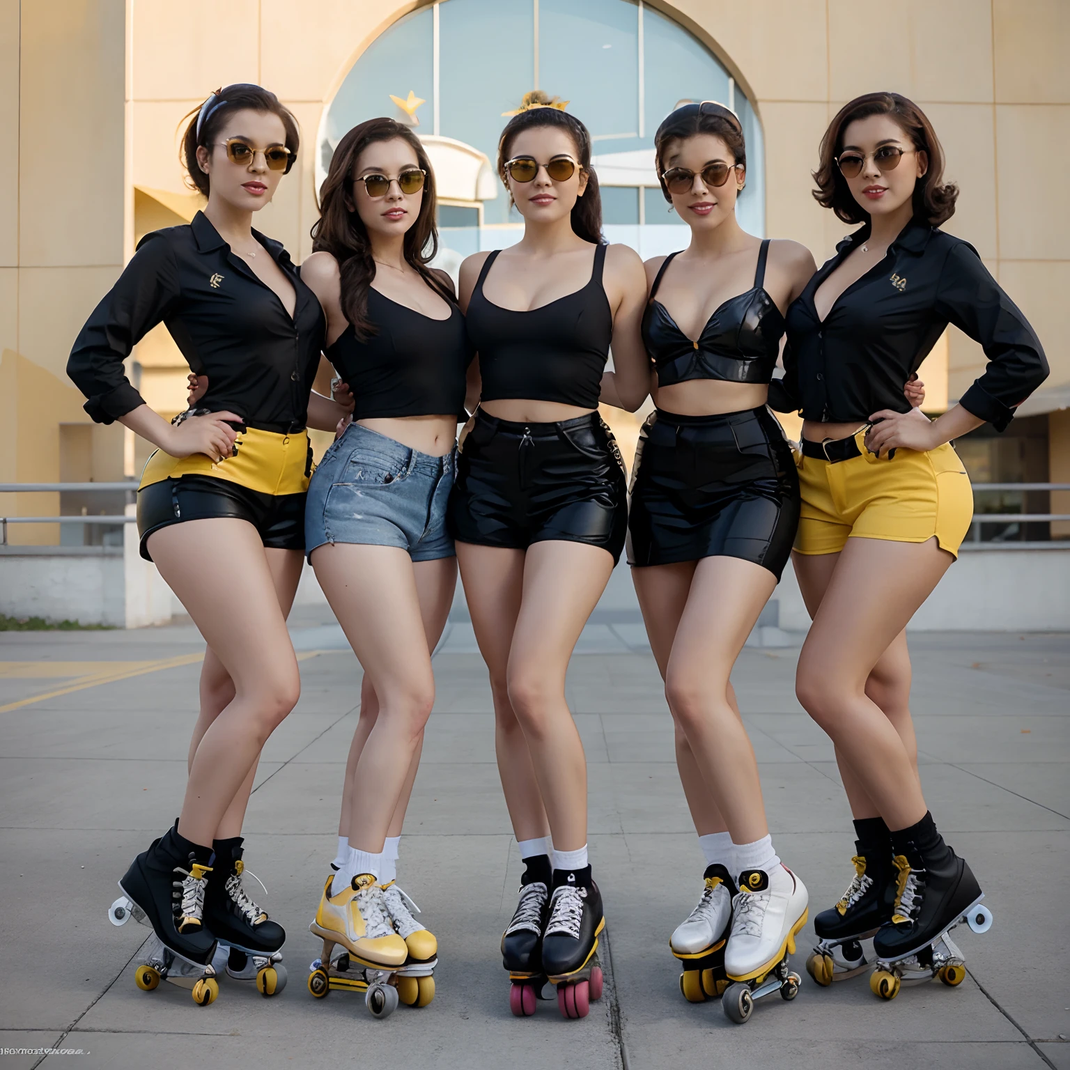 Group of 4 Pin up curvy bumble bee with dark hair sun glasses with roller skates roller skating modern