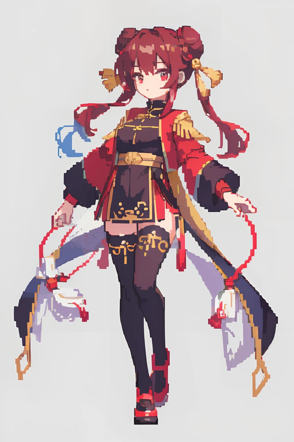 （tmasterpiece，top Quority，best qualtiy），pix，pixelart，teens girl，Positive spirit，Face value，Red clothes，Taoist, Brown hair, black long sword,Tai Chi pattern，Two hair buns，Yin and Yang Taoist，blue hairs，Cloth shoes,jaqueta com capuz, chill out, It has a refined pixel style，It belongs to the game character design，The background color quality is relatively high，There are draft designs on the front and sides of the drawing