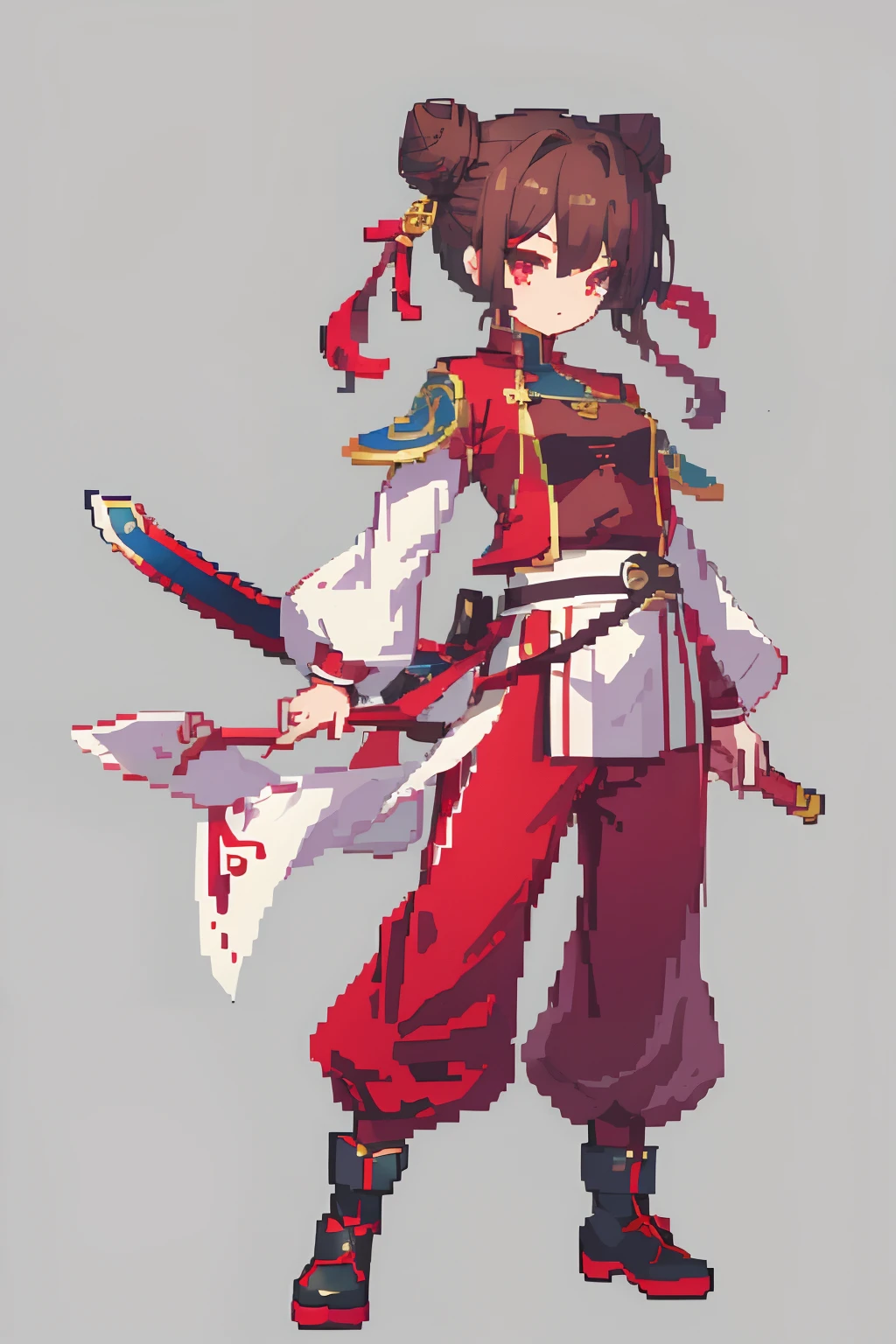 （tmasterpiece，top Quority，best qualtiy），pix，pixelart，teens girl，Positive spirit，Face value，Red clothes，Taoist, Brown hair, black long sword,Tai Chi pattern，Two hair buns，Yin and Yang Taoist，blue hairs，Cloth shoes,jaqueta com capuz, chill out, It has a refined pixel style，It belongs to the game character design，The background color quality is relatively high，There are draft designs on the front and sides of the drawing