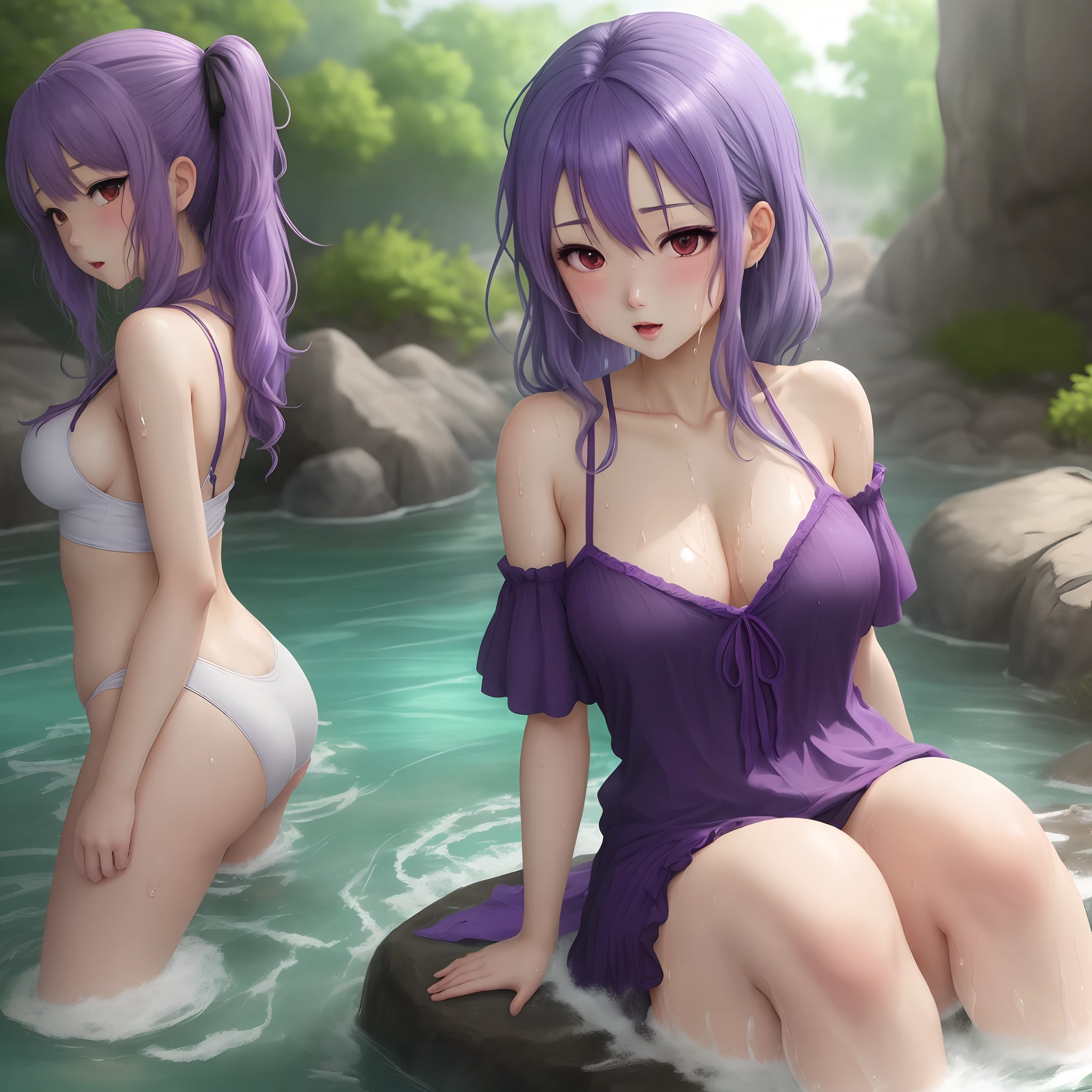 Hot anime girl with purple hair wet