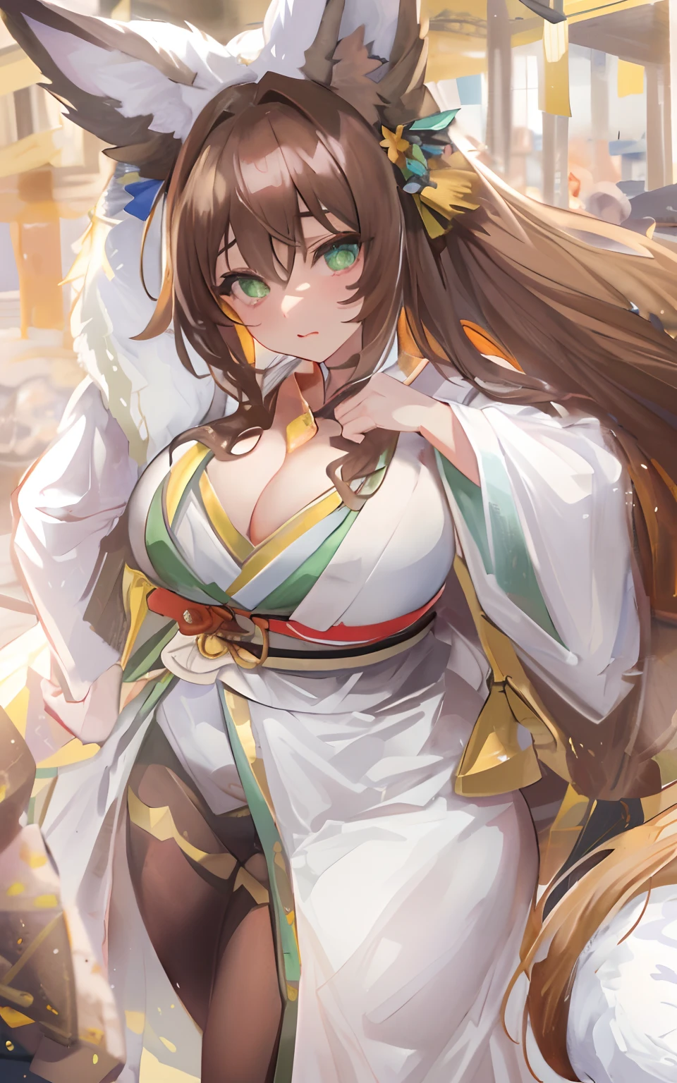 (Masterpiece: 1.5), (Best Quality: 1.5), Perfect Eyes, Perfect Face, Volumetric Lighting, 1 Woman, Mature Woman, (Whiteness: 5), Fox ears, Fox tail, green eyes, dark brown hair, massive breasts, massive cleavage, kimono, thick thighs, wide hips, bunny suit, shiny clothes, sexy