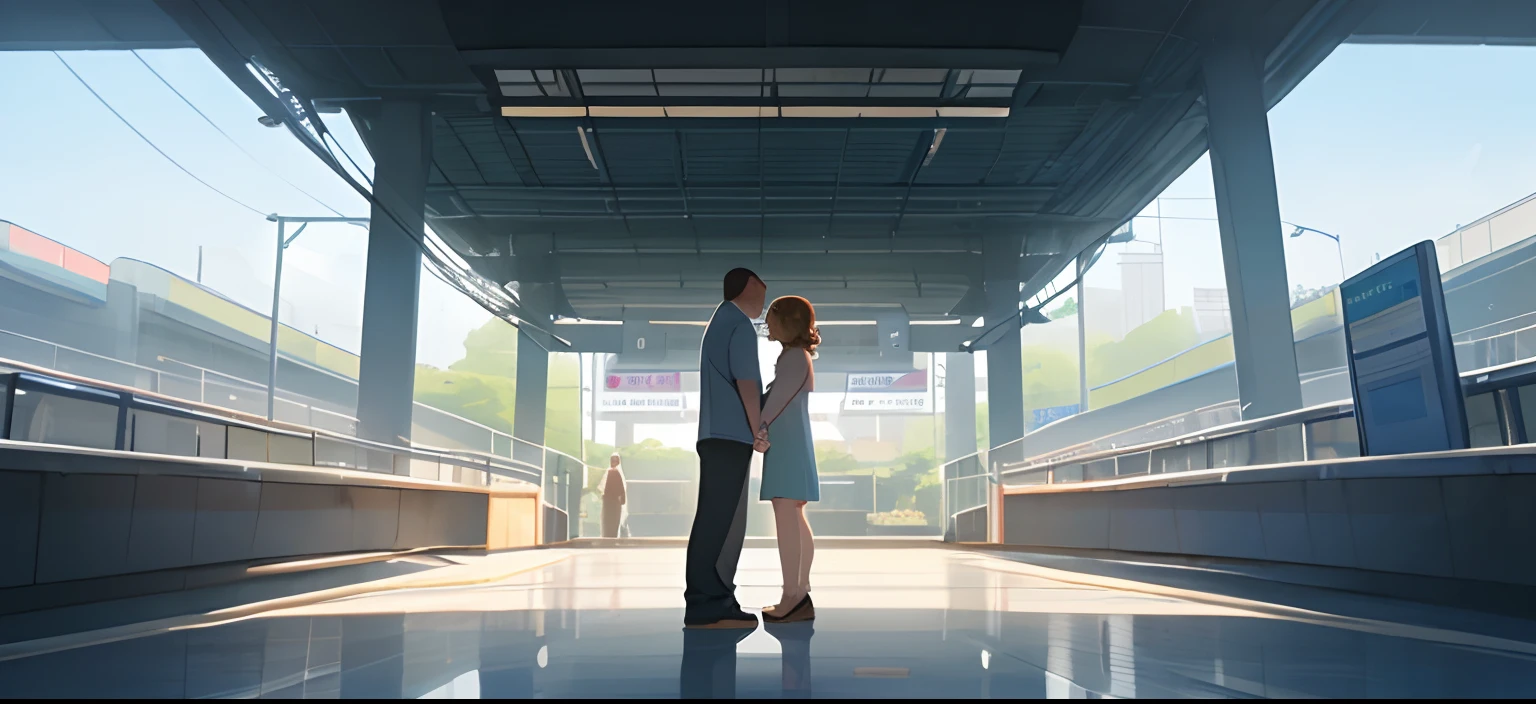 Man and woman holding hands in front of the station、posterior view