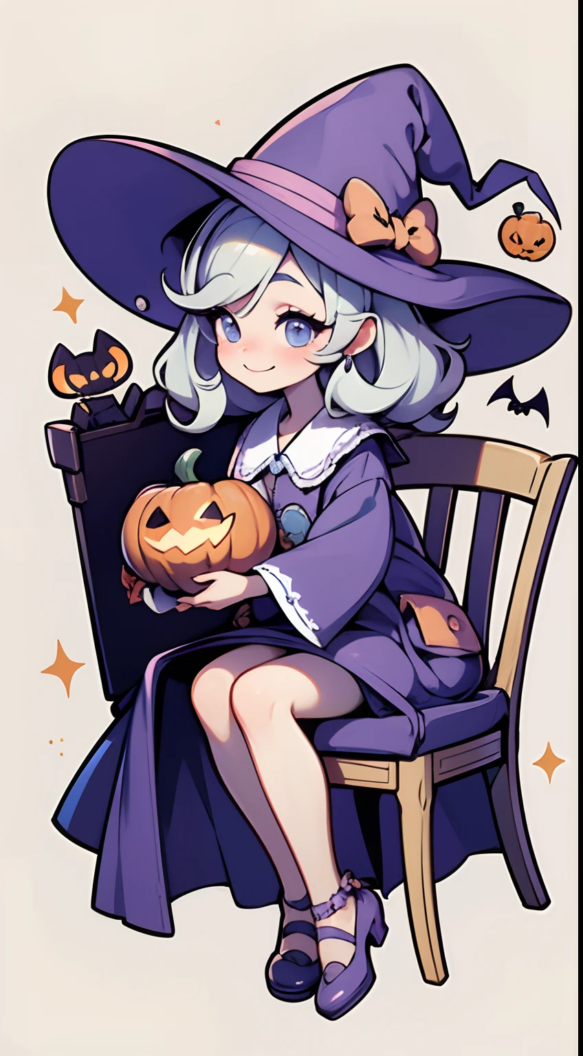 Cute Halloween Theme、full body Esbian、A smile、 The Wand and the Magic Book、Glamorous Hat、Halloween Accessories、Draw clothes buttons and pockets in a Halloween style、Cute shoes、sit a chair、bio luminescent、radiant light