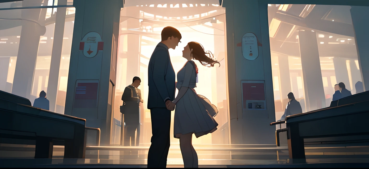 Man and woman holding hands in front of the station、posterior view