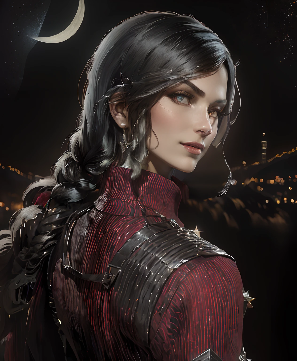 Add fantasy city in background, night, stars, waning crescent moon, moonlight, cobblestone walls, cobblestone road, white hair, pale skin, serious expression, zoom out, white eyes, red lipstick