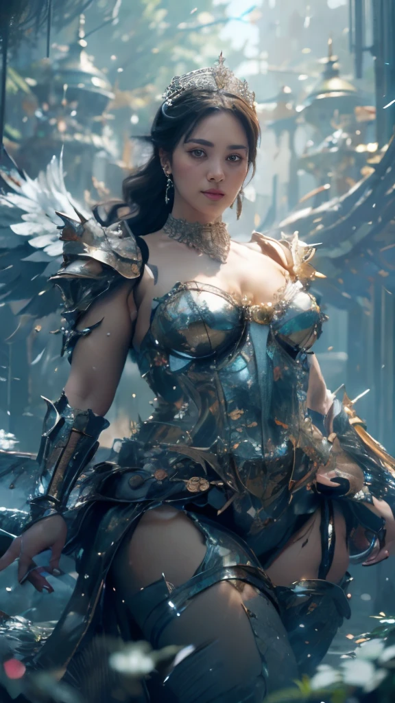 angelicales、The figure of an angel、White large wings、Wear golden Western-style armor、、Wearing golden armor、Wearing a golden suit、Very fat woman、Very fat woman、Round face、Fat face、large boob、thick waist、Big belly、big butts、thick thight、thick arms、Plump body、、masterpiece, top-quality,photos realistic, Detailed eyes and lips,Detailed iris,Realistically drawn skin,Limbs drawn in proper balance,Correctly drawn hands and fingers,I drew one thumb and four fingers in optimal proportions,number々Award-winning masterpieces of, with incredible detail, textures and maximum detail、hyper realstic、Realistic、Top quality real texture skins、fine perfectly symmetrical eyes、Beautiful face drawn in detail、Circle of angels of divine radiance overhead、Beautiful kind eyes、She has a blissful smile on her face、Beautiful colored eyes full of compassion、Her expression is serene full of tenderness and very beautiful、Large wings with pure white feathers behind the shoulders、Glass earrings on the ears,A beautiful necklace around the neck、Beautiful bracelet on the arm、dramatic photography、Golden hair、 short cut hair, ((Looking down)), Around her neck is a simple necklace of exquisite workmanship、Hyper Detailed, Intricate details、、Wings of Light Effect、spread your wings wide、a blond、blue eyess、Facing the front、 Wearing a small white micro bikini、Bikini with gold embellishments、Wearing a small piece of armor on his chest、Wearing a small piece of armor in the crotch、、Wearing a small white cloth、 Small white cloth、