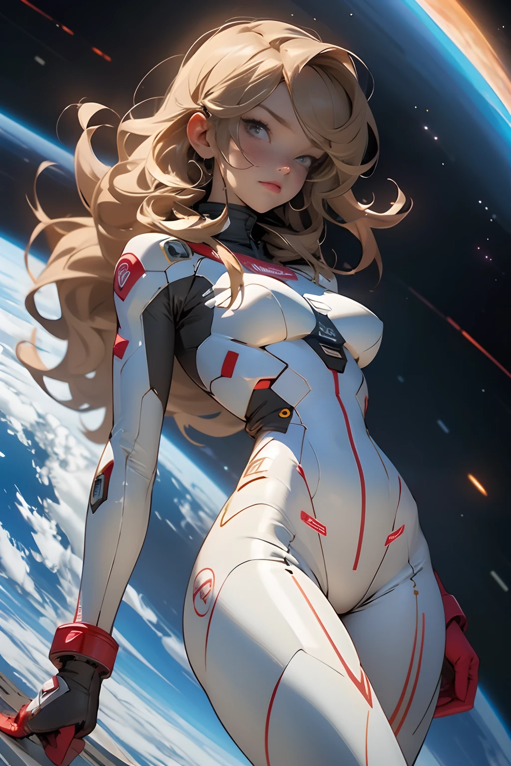 sandy hair fit body large breasts slender thighs slender waist pilot suit solo looking at viewer in space long hair blushing determination, 8k, extreme detail,