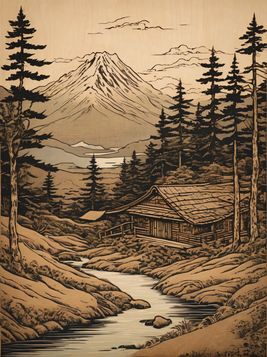 Transport yourself to a simpler time with this captivating woodcut print featuring a traditional mountain cabin. The composition showcases the cabin's rustic charm and simplicity, with intricate lines and textures adding depth to the artwork. The use of earthy tones and the natural grain of the wood adds an organic and timeless quality to the print, evoking a sense of nostalgia and appreciation for the beauty of traditional craftsmanship. Created by renowned printmaker Katsushika Hokusai.