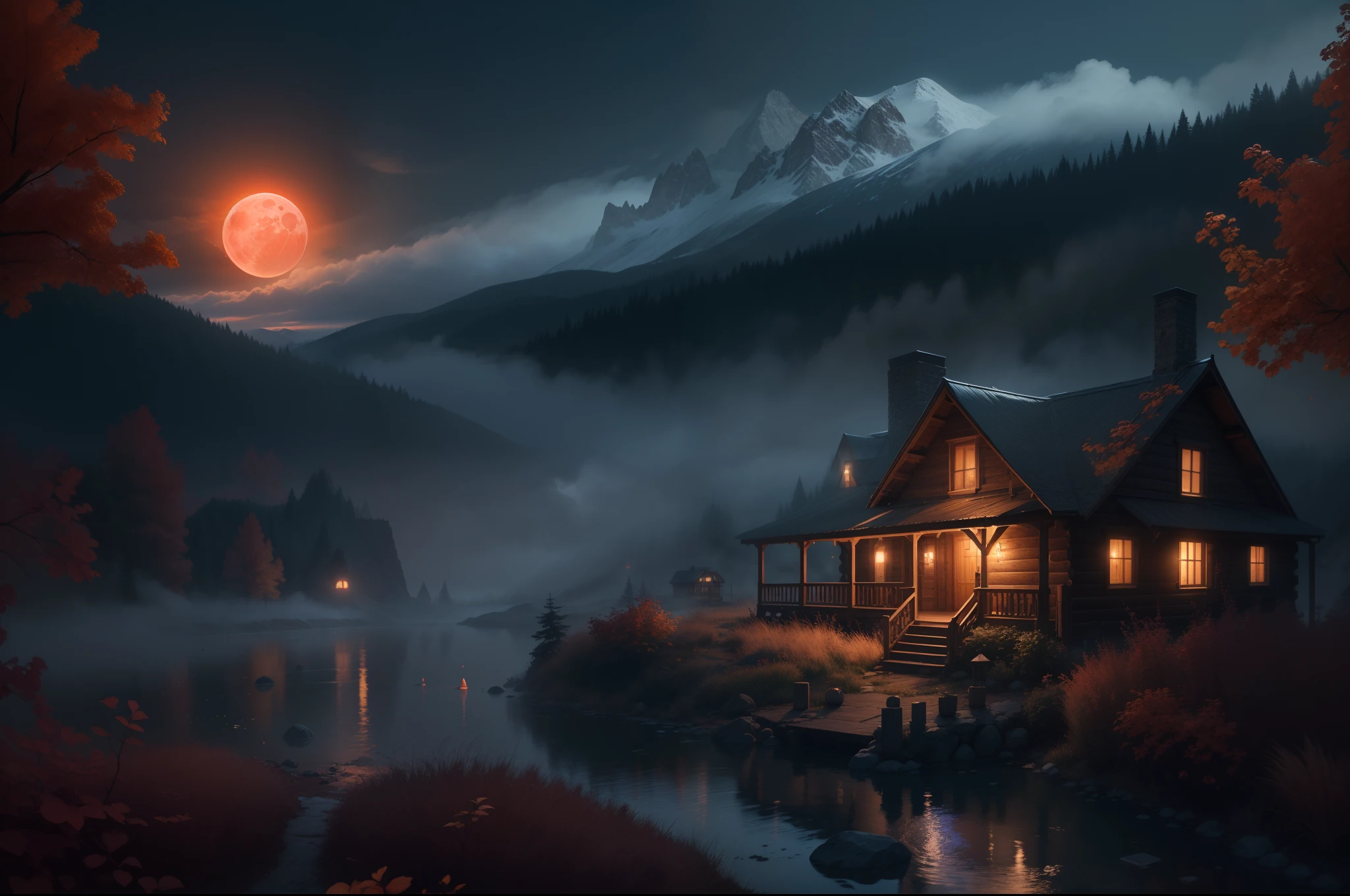 Best quality, masterpiece collection, Mountain cabin, witch enjoying Halloween event, blood moon, cabin on mountain, thick fog, mist on mountain, small water fountain, ultra detailed art, super detailed, 24K Ultra high definition resolution, glowing and shining lit effects, rendered by Nvidia RTX