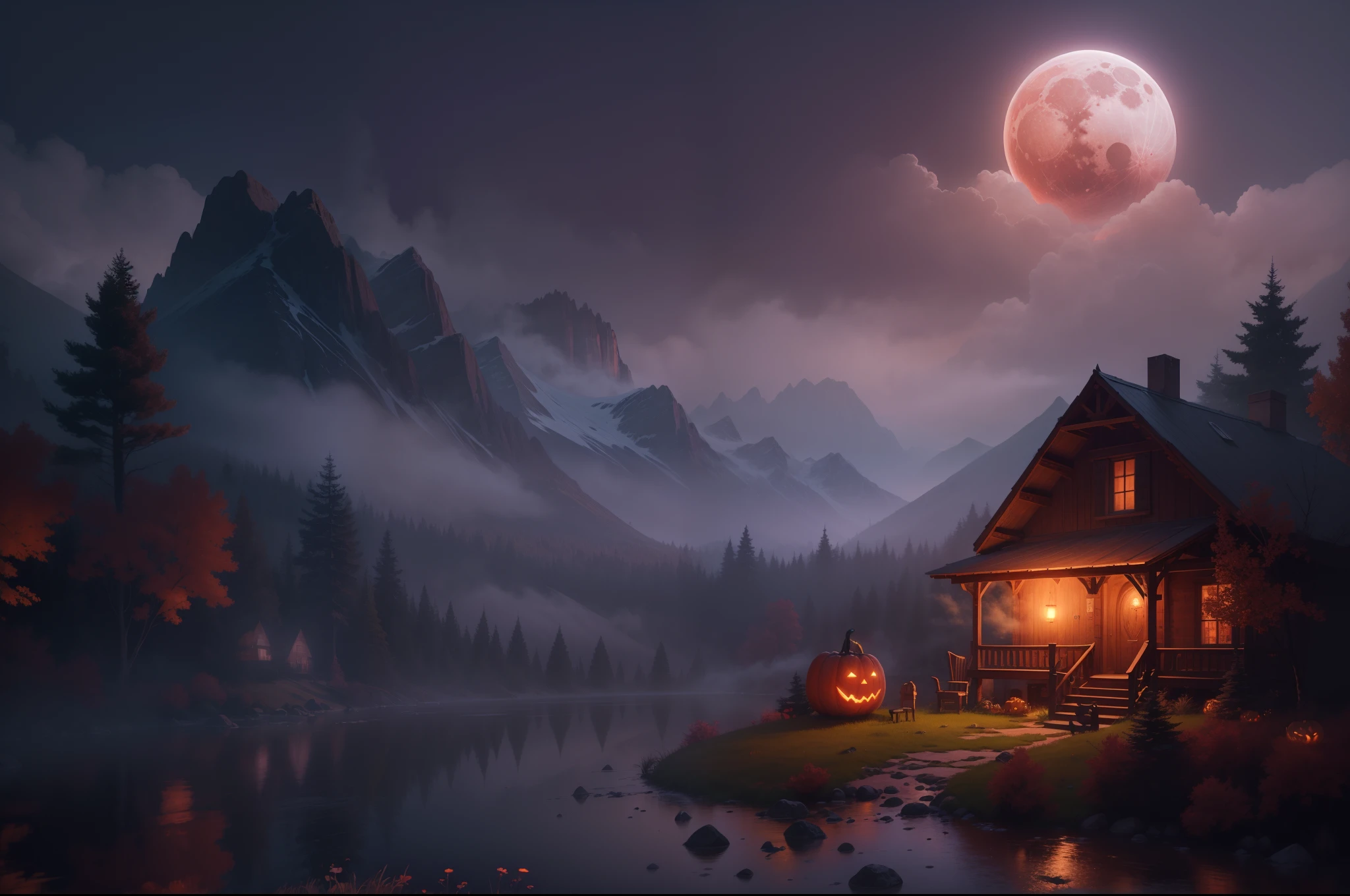Best quality, masterpiece collection, Mountain cabin, witch enjoying Halloween event, blood moon, cabin on mountain, thick fog, mist on mountain, small water fountain, ultra detailed art, super detailed, 24K Ultra high definition resolution, glowing and shining lit effects, rendered by Nvidia RTX