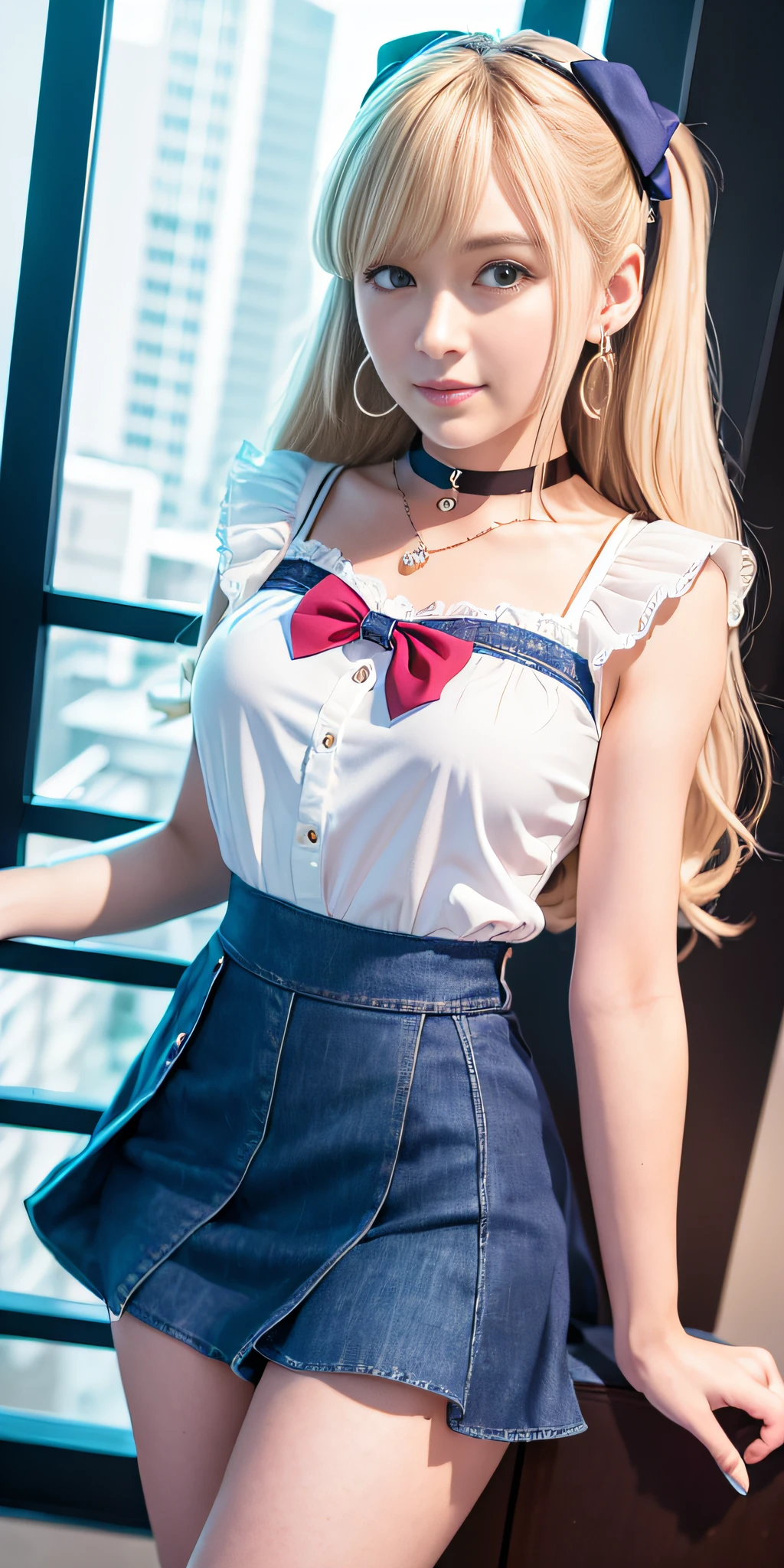 masterpiece, best quality, high resolution, Sailor Moon, 1 girl, solo, sailor senshi uniform, Usagi, blonde hair, magical girl, blue eyes, orange skirt, elbow length gloves, tiara, 10% pleated miniskirt , hair bow, blue sailor necklace, 10% miniskirt, choker, red bow, blue choker, white gloves, very long hair, jewelry, earrings, denim shot, bottom view, ((intricate details)), smile , ((view from below)),