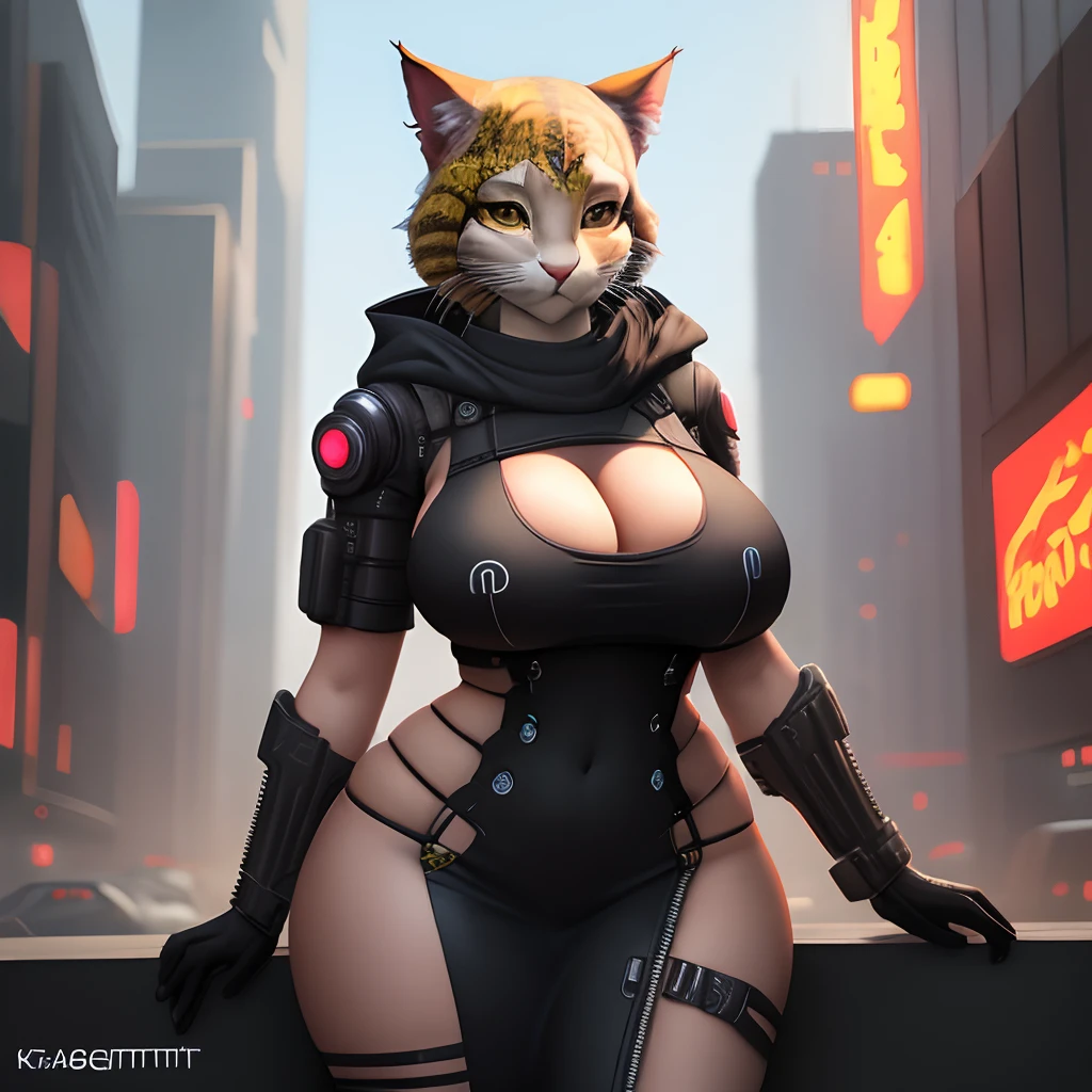 Massively busty and curvy cyberpunk woman khajiit