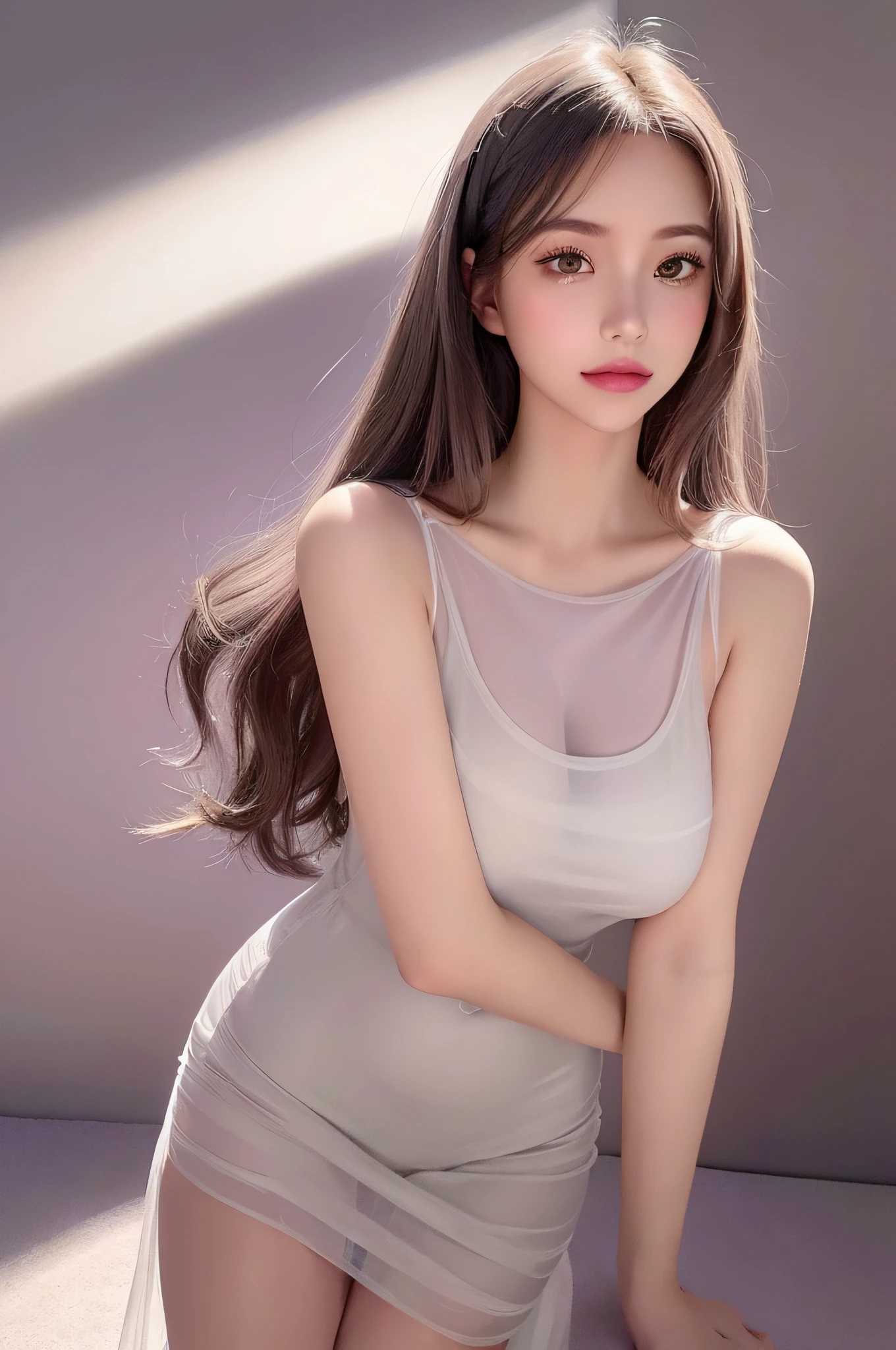 photo of a 18 y.o girl, beautiful vintage color, instagram (photorealistic, high resolution:1.4), ((puffy eyes)), looking at viewer, , full body (8k, RAW photo, best quality, masterpiece:1.2), (realistic, photo-realistic:1.37), (sharp focus:1.2), professional lighting, photon mapping, radiosity, physically-based rendering, (pale skin:1.2), (medium breasts:1.2), looking at viewer, (middle hair:1.5), portrait, purple eyes, (sliver hair:1.1), bangs, (simple background:1.4), solo, upper body, realistic, (masterpiece:1.4), (best quality:1.4), (shiny skin), fashion girl, makeup, smile(skinny, closed mouth,shy:1.3), (sheer sun dresses:1.5513), (standing:1.1), medium bust, sexy pose, {NSFW:1.2},