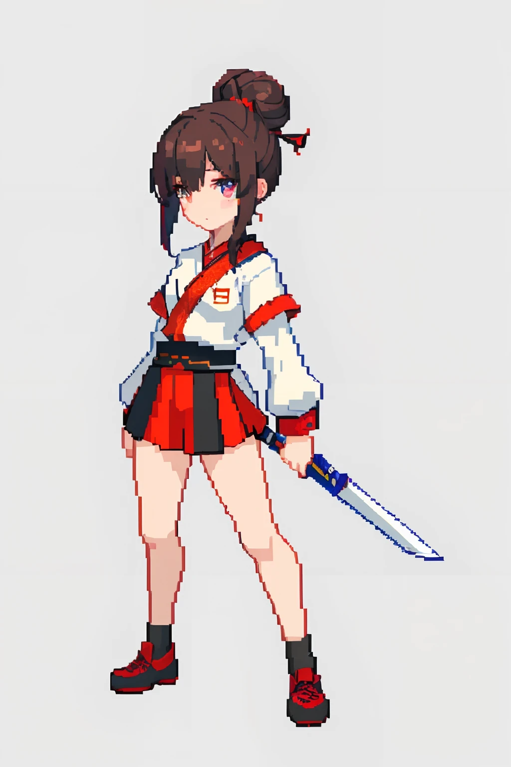 (tmasterpiece,top Quority,best qualtiy),pix,pixelart,s girl,Positive spirit,Face value,Yin and Yang fish,Red clothes,Taoist, Brown hair, black long sword,Tai Chi pattern,Sword in hand,Two hair buns,Yin and Yang Taoist,blue hairs,Cloth shoes,jaqueta com capuz, chill out, It has a refined pixel style,It belongs to the game character design,The background color quality is relatively high,There are draft designs on the front and sides of the drawing