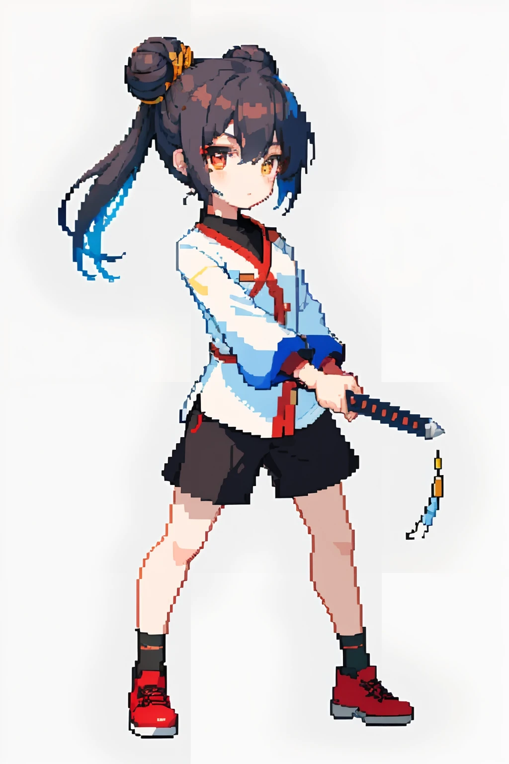 （tmasterpiece，top Quority，best qualtiy），pix，pixelart，teens girl，Positive spirit，Face value，Yin and Yang fish，Red clothes，Taoist, Brown hair, black long sword,Tai Chi pattern，Sword in hand，Two hair buns，Yin and Yang Taoist，blue hairs，Cloth shoes,jaqueta com capuz, chill out, It has a refined pixel style，It belongs to the game character design，The background color quality is relatively high，There are draft designs on the front and sides of the drawing