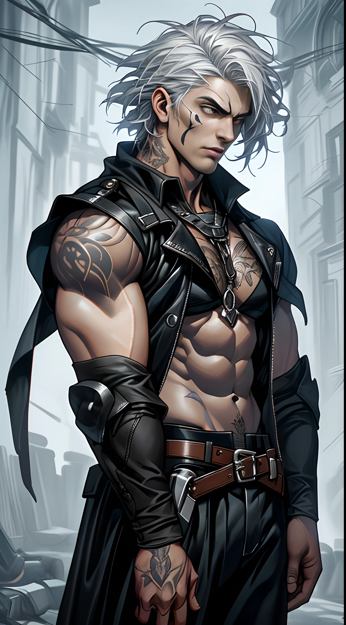 (Libido boy:1.8)Dark boy, Short silver-white hair swaying in the wind, Handsome and handsome clear face, Three-dimensional facial features, Detailed and delicate red pupils, The body exudes evil black gas, Abs,black tattoos,The gas is constantly rising, Flow effects, a panoramic view, uhdr, 巨作, A high resolution, Gothic art, Ray tracing, cinmatic lighting, Action painting, projected inset, f/16, Cowboy shot, ccurate, Super detail, High details, High quality, 8K