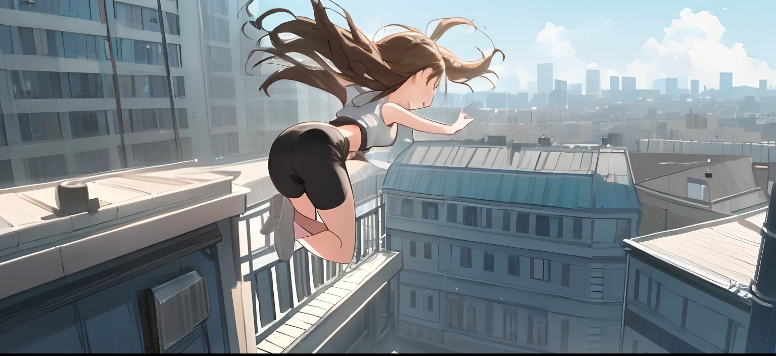 A girl jumping off the roof of a building