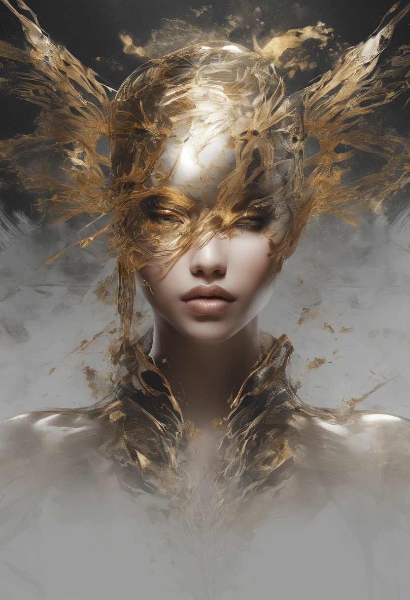 1man, good shape, a surreal paint splatter painting of the kinginyellow wearing a cloak and a mask, antlers, crown, cosmic background, gold and white and black color scheme, a bad woman in a futuristic suit with a ((skeleton head)) ((which disintegrates)), cybernetic, cyberpunk art, computer art, detailed eyes, (highly detailed skin:1.2), (realistic lighting:1.1), (realistic shadows:1.1), ((best quality)), (detailed), 8k uhd