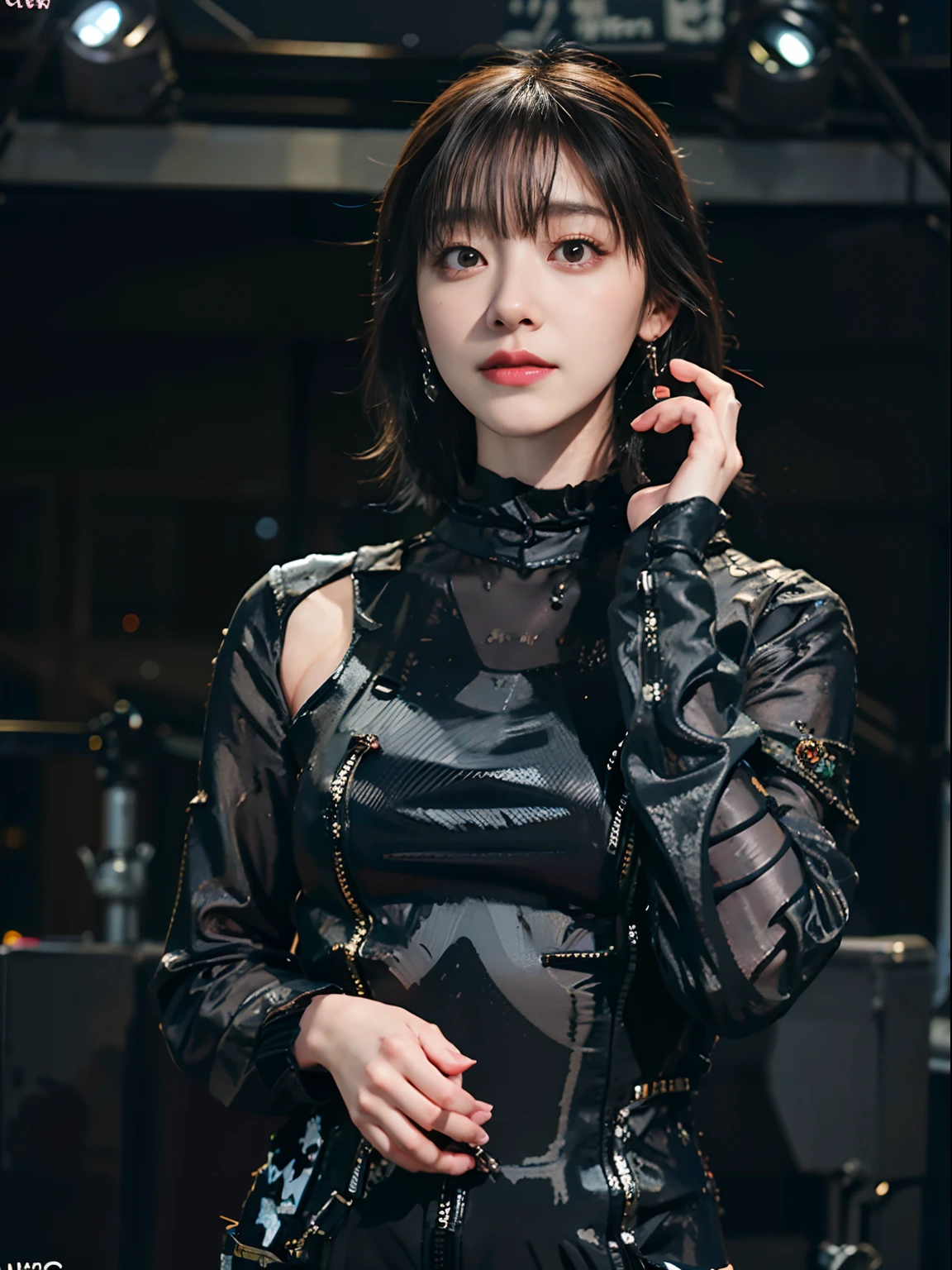 (8k, RAW photo, best quality, masterpiece:1.2), (realistic, photo-realistic:1.37),(Kpop idol), (aegyo sal:1),cute,professional lighting, photon mapping, radiosity, physically-based rendering, cosplay, lucy \(cyberpunk\),bob cut,mechanical parts,grey eyes, black tight suit,cyberpunk city, black pants,night,neon lights,sexy,smoke, looking at viewer,, 8k high resolution, 8k, CG wallpaper, realistic, clear background, medium breasts, full body
