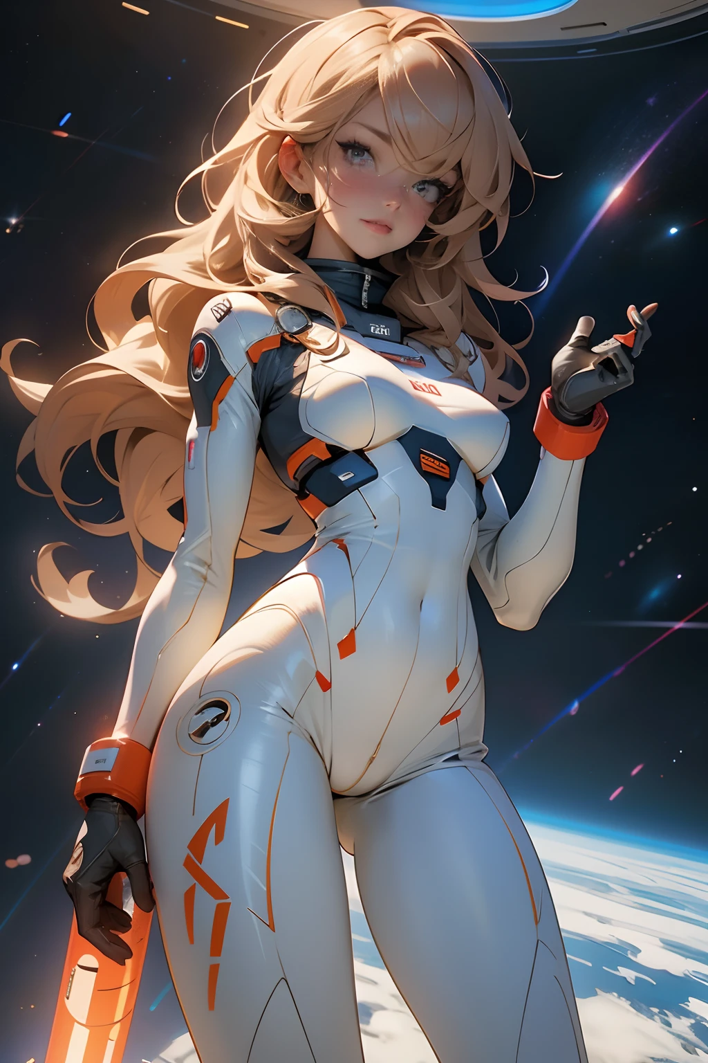 sandy hair fit body large breasts slender thighs slender waist pilot suit solo looking at viewer in space long hair blushing determination, 8k, extreme detail,