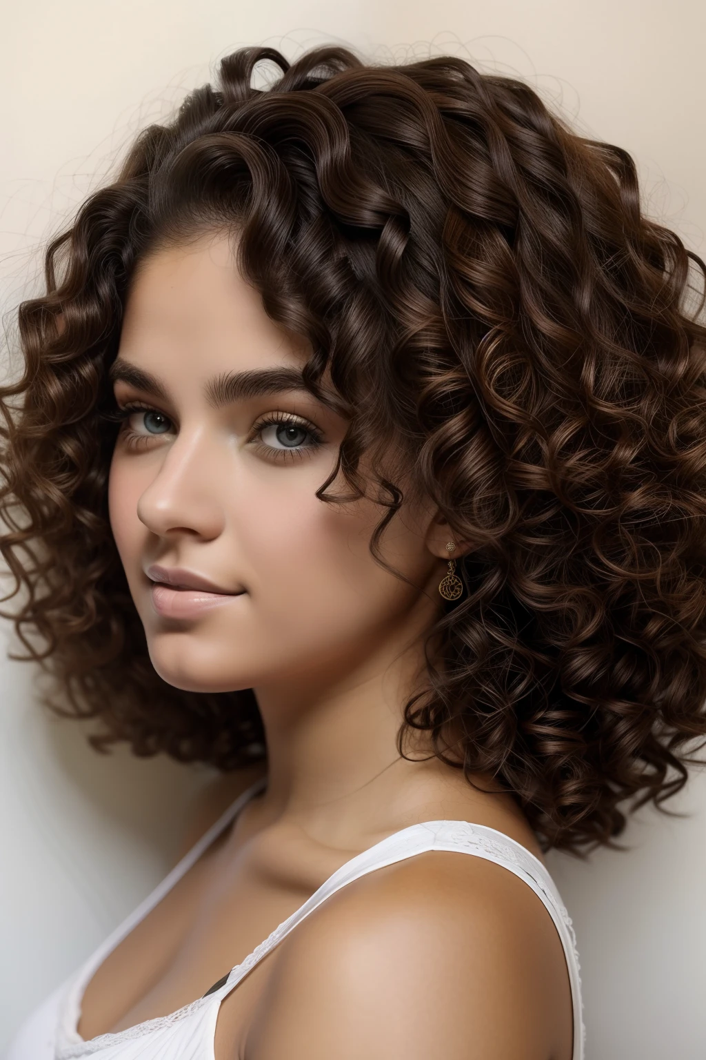 retrato de arte de uma jovem20yo com seios grandes cabelos cacheados longos; curly hair
