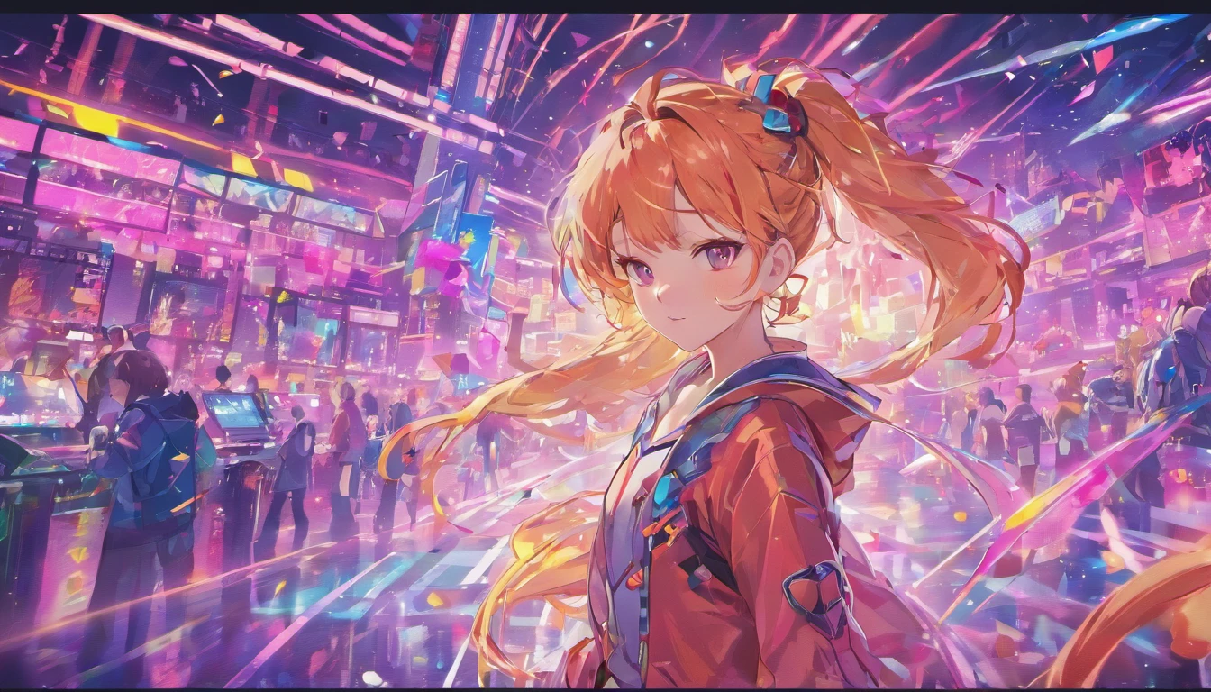(Best quality,4K,8K,A high resolution,Masterpiece:1.2),Ultra-detailed,(Realistic,Photorealistic,photo-realistic:1.37),girls,Vibrant neon lights,Illuminated holographic display,Digital art style,view over city,nighttime scene,Electronic music in the background,Energetic dance moves,Colorful costumes and hairstyles,Interactive light effects,Blur motion effect,High-tech gadgets and accessories