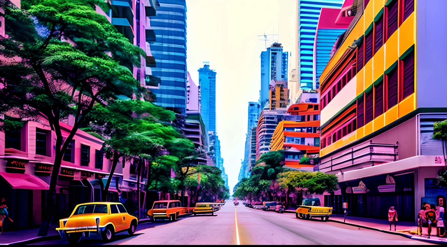 Crie uma cidade futurista com pessoas andando pelas ruas, alguns carros voadores passando, mirrored buildings in a sunny place, ruas com carros e jardim bem verde gramado