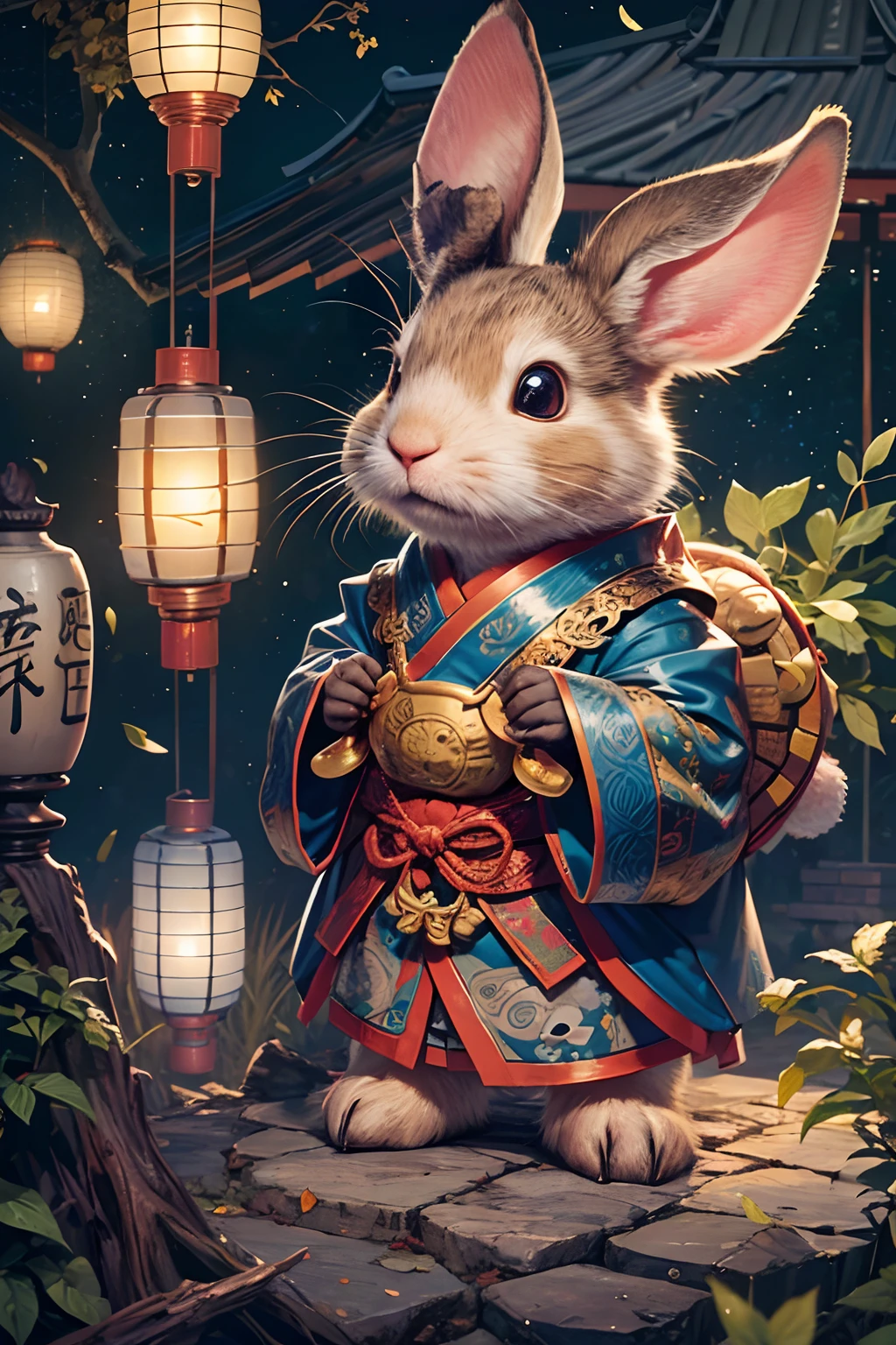 adorable rabbit,anthropomorphic turtle,during night,In the forest,starrysky,Moon,Mid-Autumn Festival,Lanterns,Chinese traditional style,super high image quality,A high resolution,Complicated details,fanciful,Romantic,Ultra-detailed CG art,
