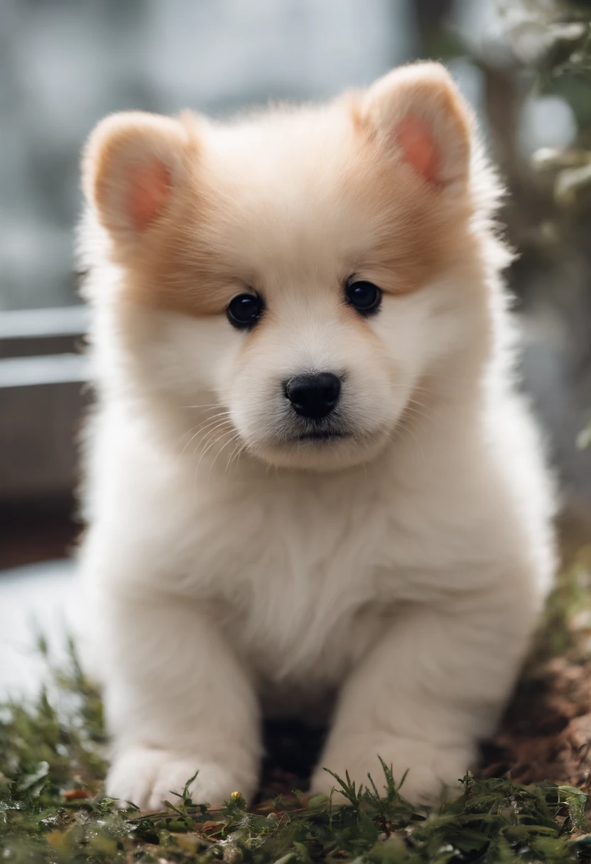 Fluffy dog，Baby Dog、Extremely cute，blanche，Mofumofu、Mofumofu、Ultimate HD image quality、The ultra -The high-definition、high detailing、Best Quality、It is color-coded in black and white like a panda