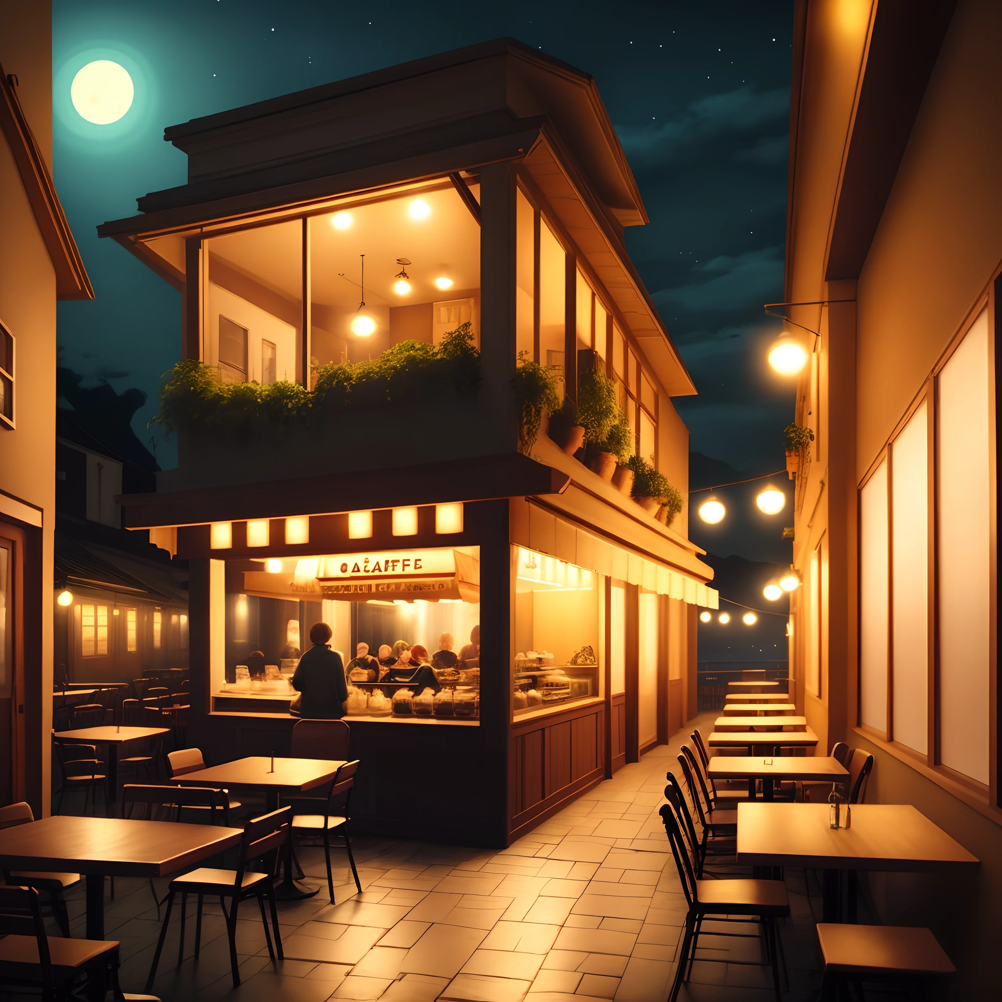 Lofi style cafe at night with dim lighting